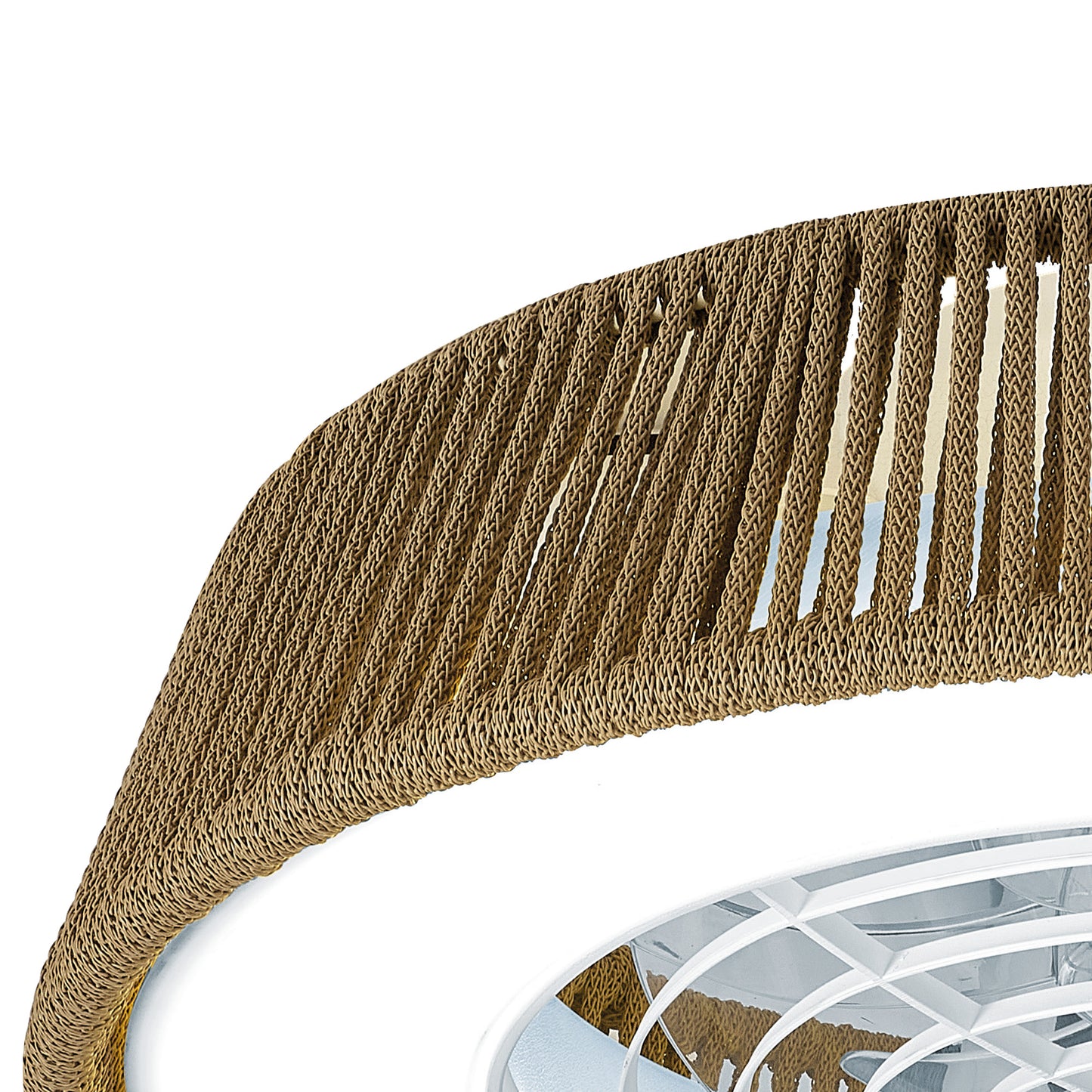 Close-up image of the Polinesia Nautica Mini 57.5cm 55W LED Dimmable Ceiling Light With Built-In 25W DC Reversible Fan by Ceiling Fans UK. It features a woven, rope-like material integrated into the frame, surrounding a white, decorative, circular structure. The fan blades are partially visible through the open spaces in the woven material and it includes dimmable LED lights.