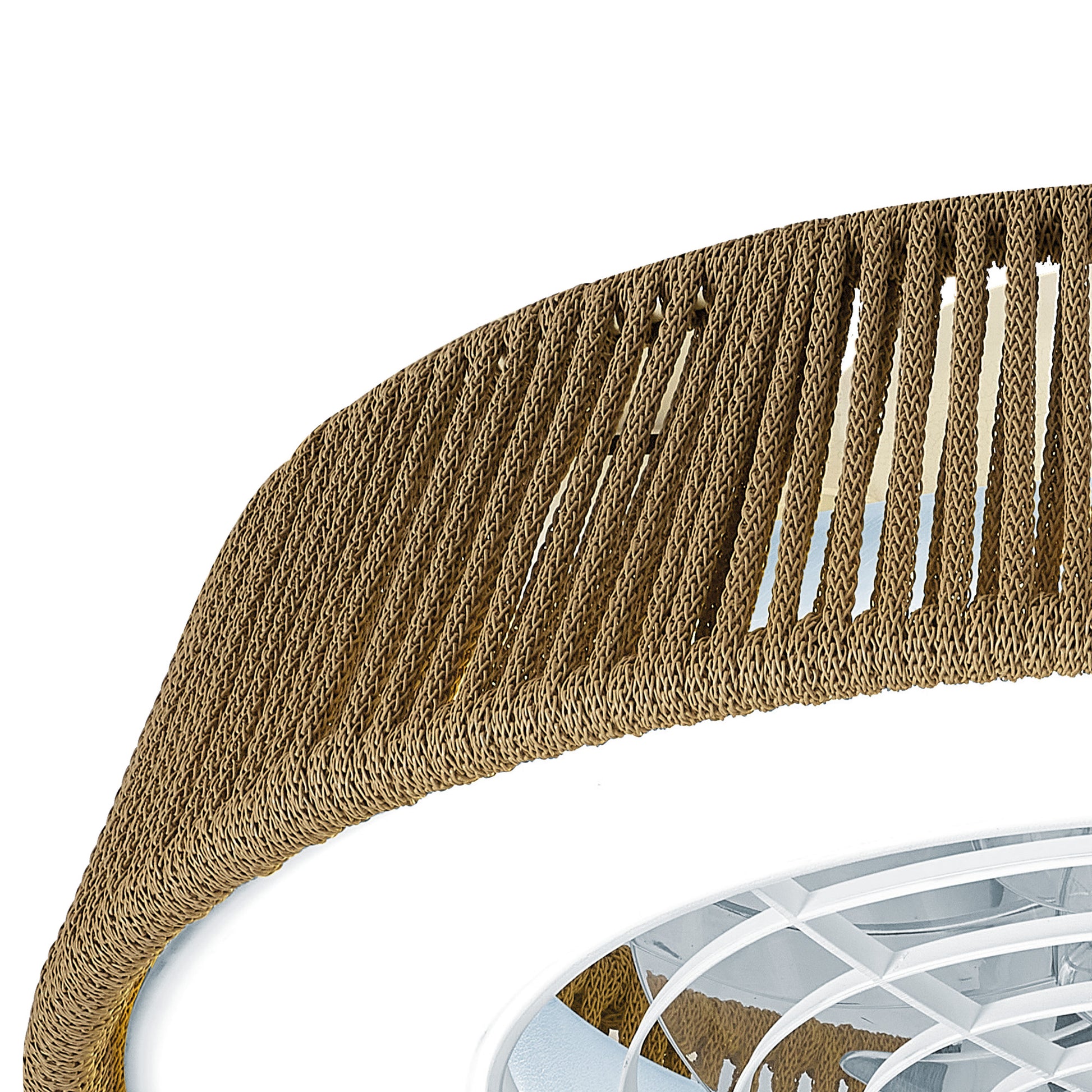 Close-up image of the Polinesia Nautica Mini 57.5cm 55W LED Dimmable Ceiling Light With Built-In 25W DC Reversible Fan by Ceiling Fans UK. It features a woven, rope-like material integrated into the frame, surrounding a white, decorative, circular structure. The fan blades are partially visible through the open spaces in the woven material and it includes dimmable LED lights.