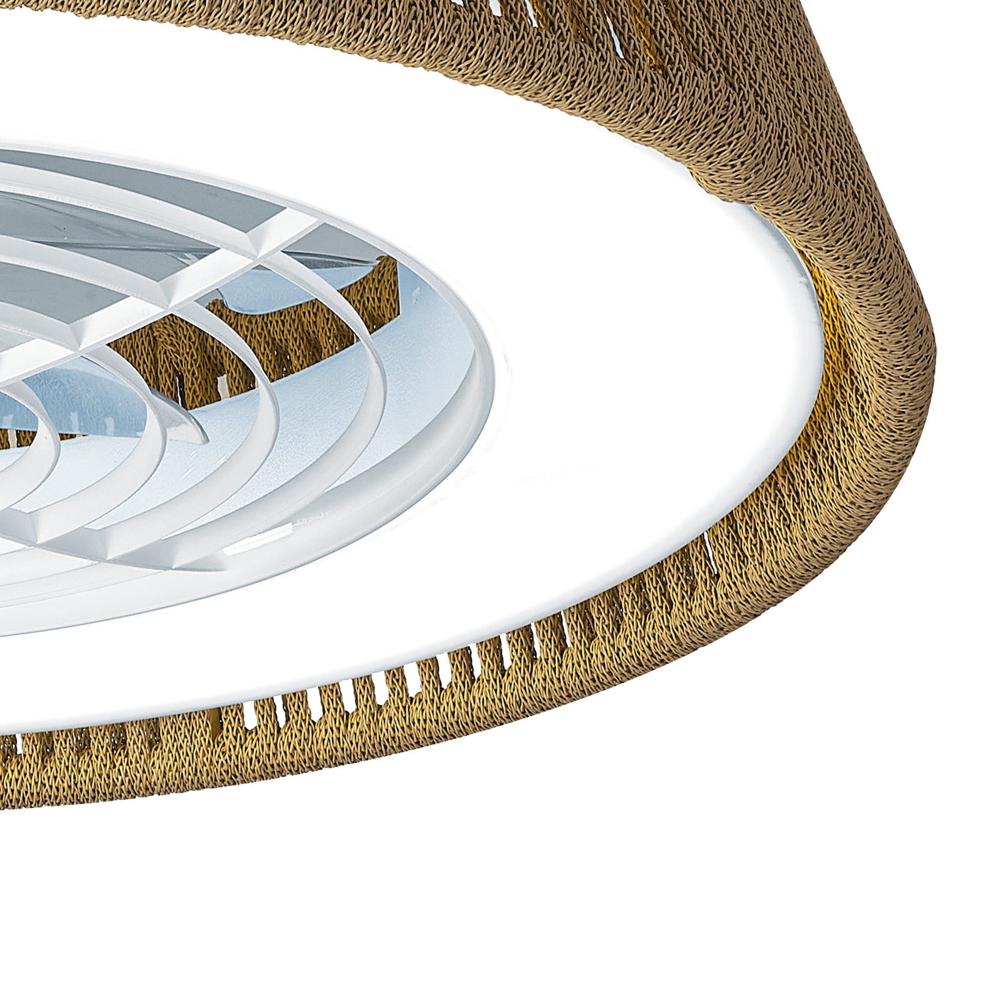 A close-up view of the Polinesia Nautica Mini 57.5cm 55W LED Dimmable Ceiling Light with Built-In 25W DC Reversible Fan from Ceiling Fans UK, featuring a round, woven beige "Oscu" outer shade. The interior showcases white concentric circular elements with a reflective surface, possibly metal or plastic. This compact and contemporary lighting design includes dimmable 3800lm LED lights and is both modern and geometric, boasting a reversible fan function and backed by a 5-year warranty.