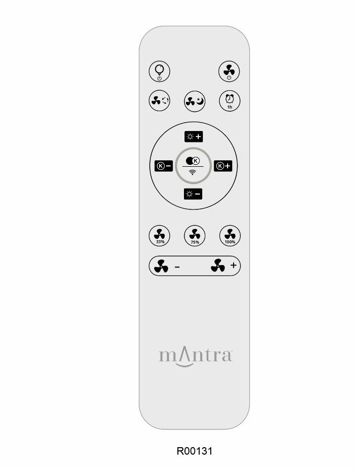 Illustration of a sleek remote control designed for the Indonesia Beige Rattan Ceiling Fan with Light, perfect for managing its reversible fan and dimmable LED light. It includes buttons for controlling fan speed, adjusting light settings, and setting a timer. The brand logo "Ceiling Fans UK" is elegantly featured at the bottom next to model number R00131.