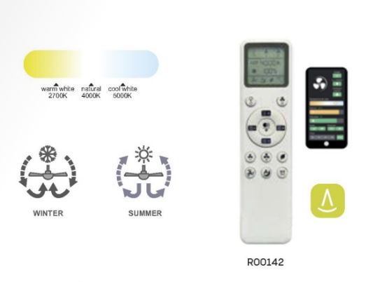 An image showcasing the various lighting modes on a remote control for the Ushuaia White/Wood Ceiling Fan with Light (133cm, 30W LED dimmable ceiling light with built-in 35W DC fan) by Ceiling Fans UK. The image includes a color temperature scale from warm white (2700K) to cool white (5000K), seasonal settings for winter and summer, and icons indicating smartphone control and a timer function.