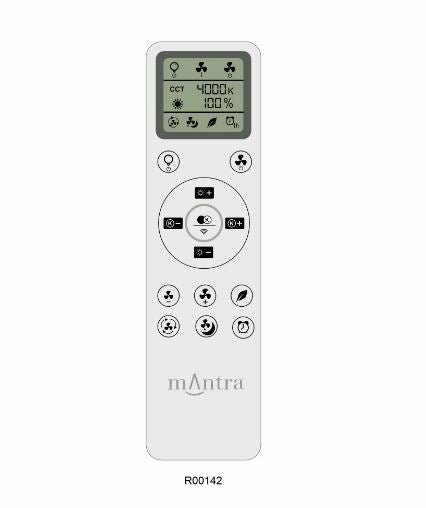 The image shows a white remote control with various buttons and an LCD screen at the top, perfect for adjusting your Groenland Black Ceiling Fan with Light. The screen displays settings such as 4000k color temperature and 100% brightness. The remote, labeled "mantra" near the bottom, offers Remote & APP Control for convenience. This product is part of the Ceiling Fans UK brand and features a 122cm 24W LED dimmable ceiling light paired with a built-in 30W DC fan, all backed by a 5-year warranty.

