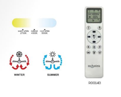 Image of a Ceiling Fans UK Rafaga remote control for the Rafaga 50W LED Dimmable White/RGB Ceiling Light with Built-In 30W DC Reversible Fan. The display screen is at the top, with various buttons below it, including directional arrows, mode settings, and a power button. Charts depict color temperature ranges (3000K to 6500K) and reversible fan modes for winter/summer rotation.