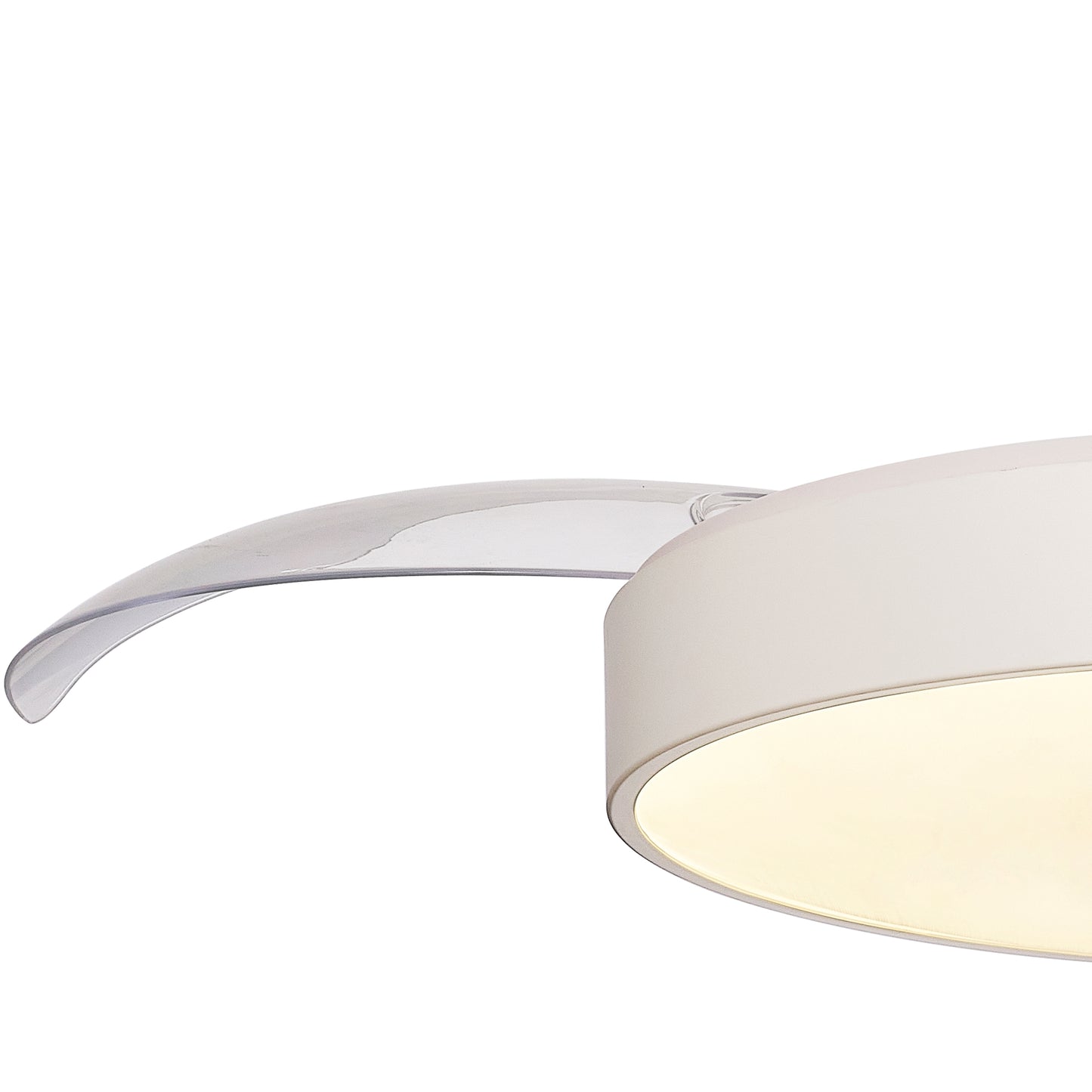 Close-up image of the Alaska White Ceiling Fan with Light from Ceiling Fans UK, showcasing its sleek, transparent wing-like attachment on the side. This modern LED dimmable ceiling light has a soft, warm glow and features an innovative built-in 30W DC fan. It can be controlled remotely or via the app and comes with a 5-year warranty.