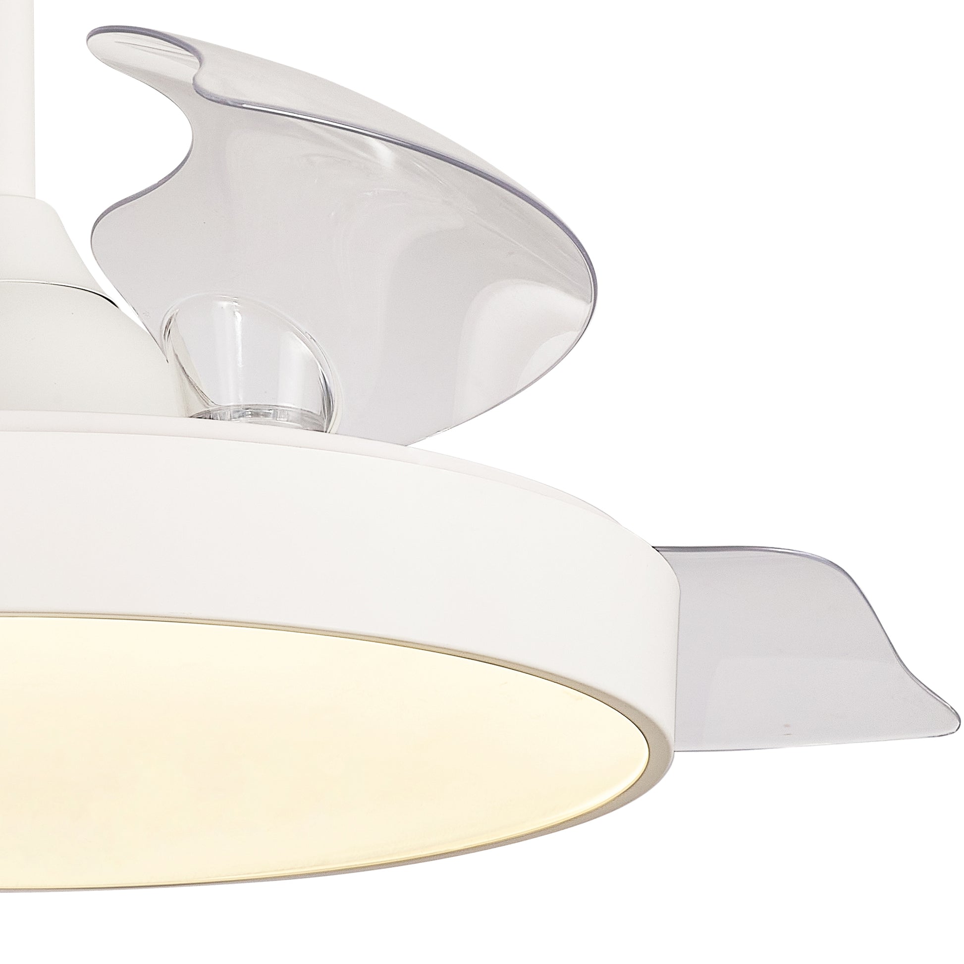Close-up of the Alaska White Ceiling Fan from Ceiling Fans UK, featuring a minimalist design with smooth white housing and wing-shaped translucent blades. The integrated 60W LED dimmable ceiling light emits a soft, warm glow, while the built-in 30W DC fan offers powerful performance. This modern ceiling fan is partially visible in the image and comes with remote and APP control for convenient operation. Enjoy peace of mind with a 5-year warranty.