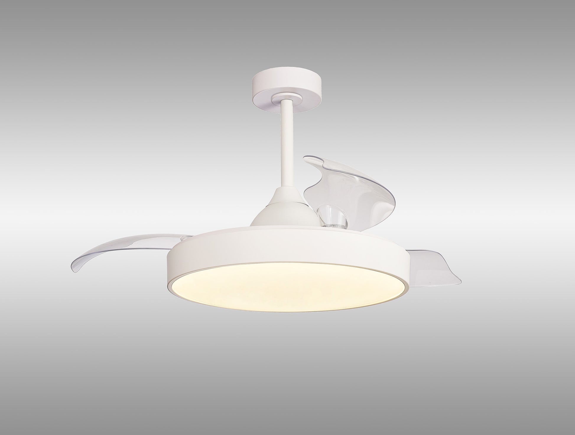 The Alaska White Ceiling Fan with Light from Ceiling Fans UK boasts a modern design featuring three transparent blades and a central round LED light. Mounted on a white rod against a gradient gray background, this 50cm ceiling fan combines contemporary lighting with efficient air circulation. It offers added convenience through Remote & APP Control and includes a powerful built-in 30W DC fan, all backed by a 5-year warranty.