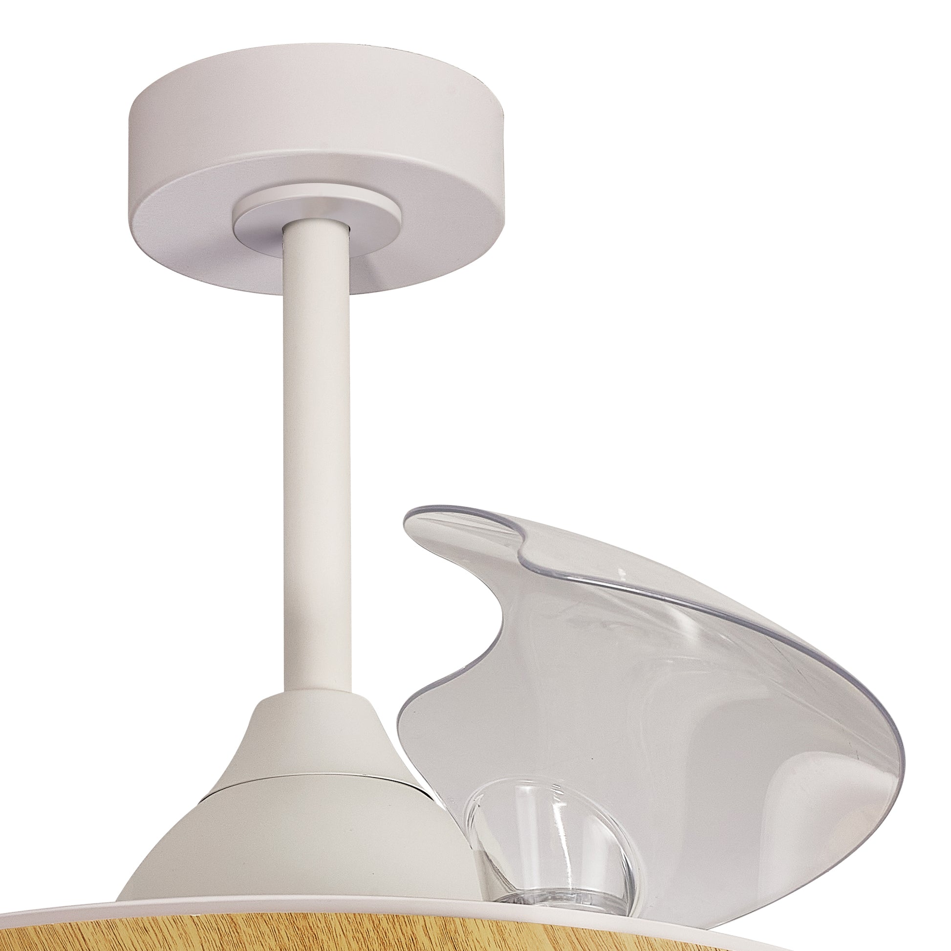 Close-up of the Alaska Madera Wood Ceiling Fan by Ceiling Fans UK. This fan features a modern white design with a cylindrical mount and a transparent, curved plastic component attached to the motor housing. It includes an LED dimmable light, ranging from 2700K to 5000K, and can be conveniently operated with a remote control or via an app. The fan blades are not visible in this image.