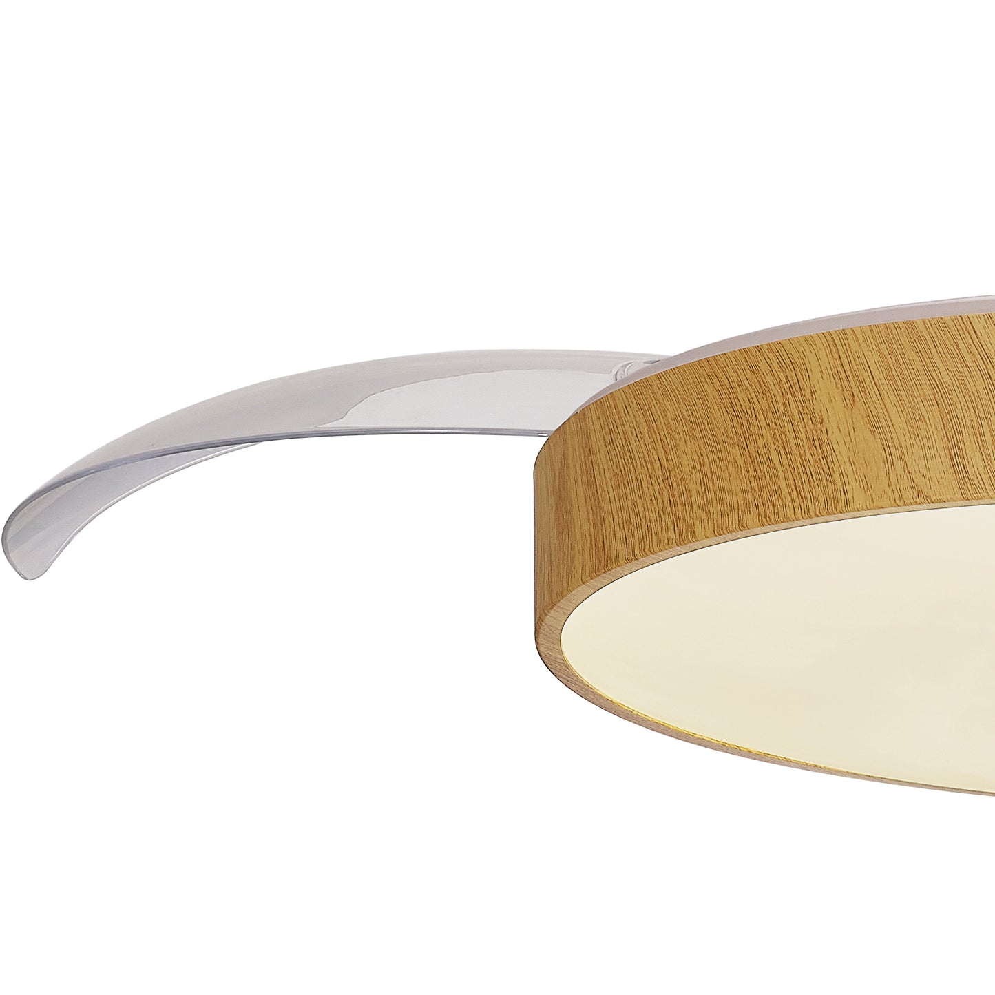 Close-up of the Alaska Madera Wood Ceiling Fan by Ceiling Fans UK, featuring a circular wooden frame and a sleek, curved clear plastic accent that extends from the side. The 50cm 60W LED dimmable light emits a warm glow, highlighting the wood's texture and the modern design of the plastic piece. The ceiling fan also includes a built-in 30W DC fan and offers light settings ranging from 2700-5000K, controlled effortlessly via remote or app.