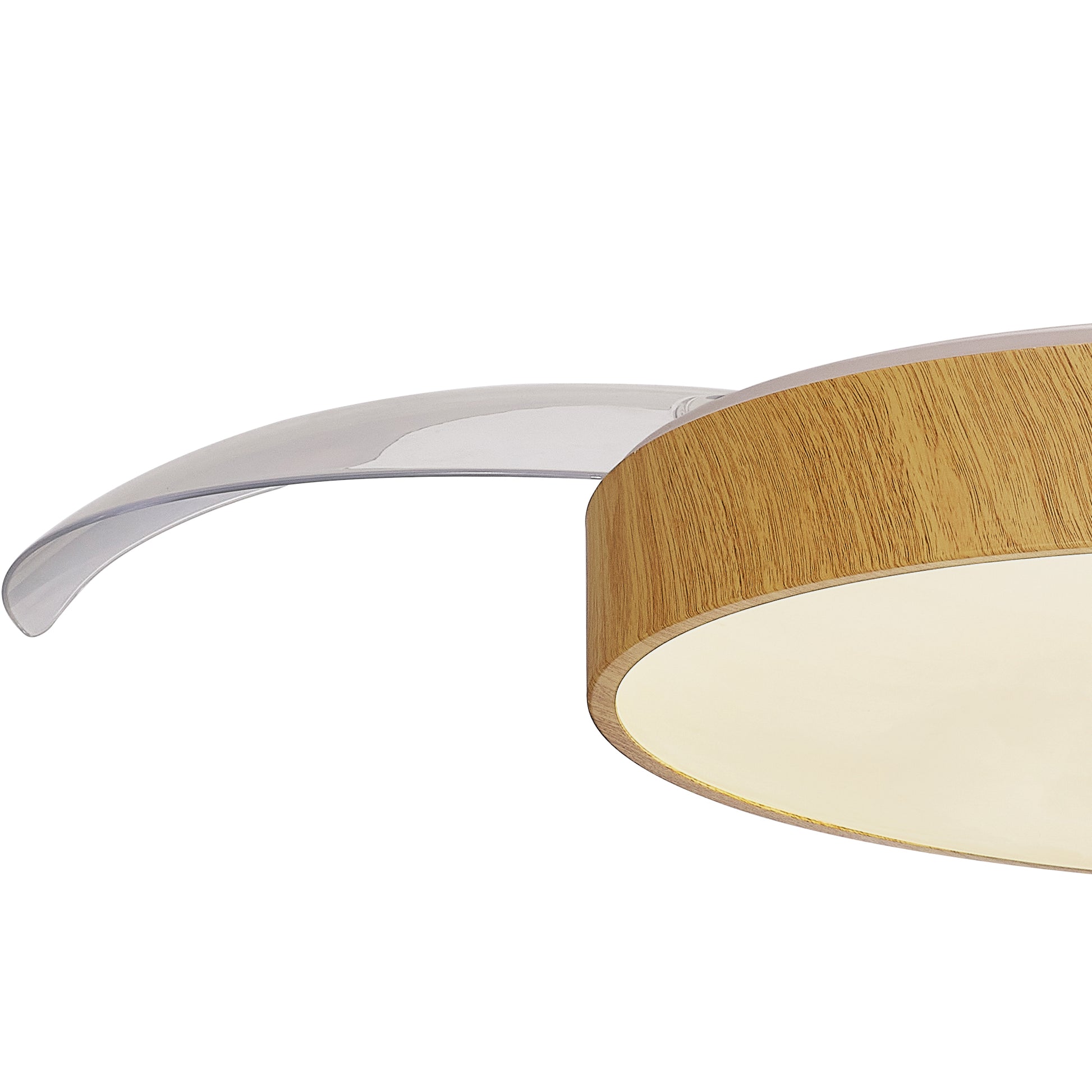 Close-up of the Alaska Madera Wood Ceiling Fan by Ceiling Fans UK, featuring a circular wooden frame and a sleek, curved clear plastic accent that extends from the side. The 50cm 60W LED dimmable light emits a warm glow, highlighting the wood's texture and the modern design of the plastic piece. The ceiling fan also includes a built-in 30W DC fan and offers light settings ranging from 2700-5000K, controlled effortlessly via remote or app.
