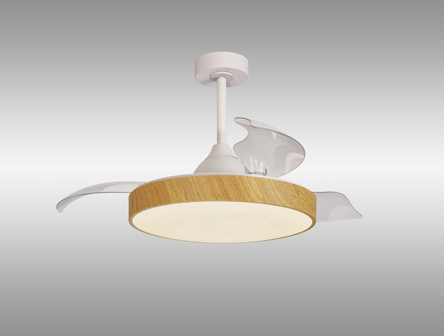 The Alaska Madera Wood Ceiling Fan by Ceiling Fans UK features a modern design with a 60W LED dimmable central cylindrical light encased in a wooden ring, complemented by three translucent, curved blades. The fan is suspended from a white rod and base against a plain gray background and includes convenient remote and app controls.