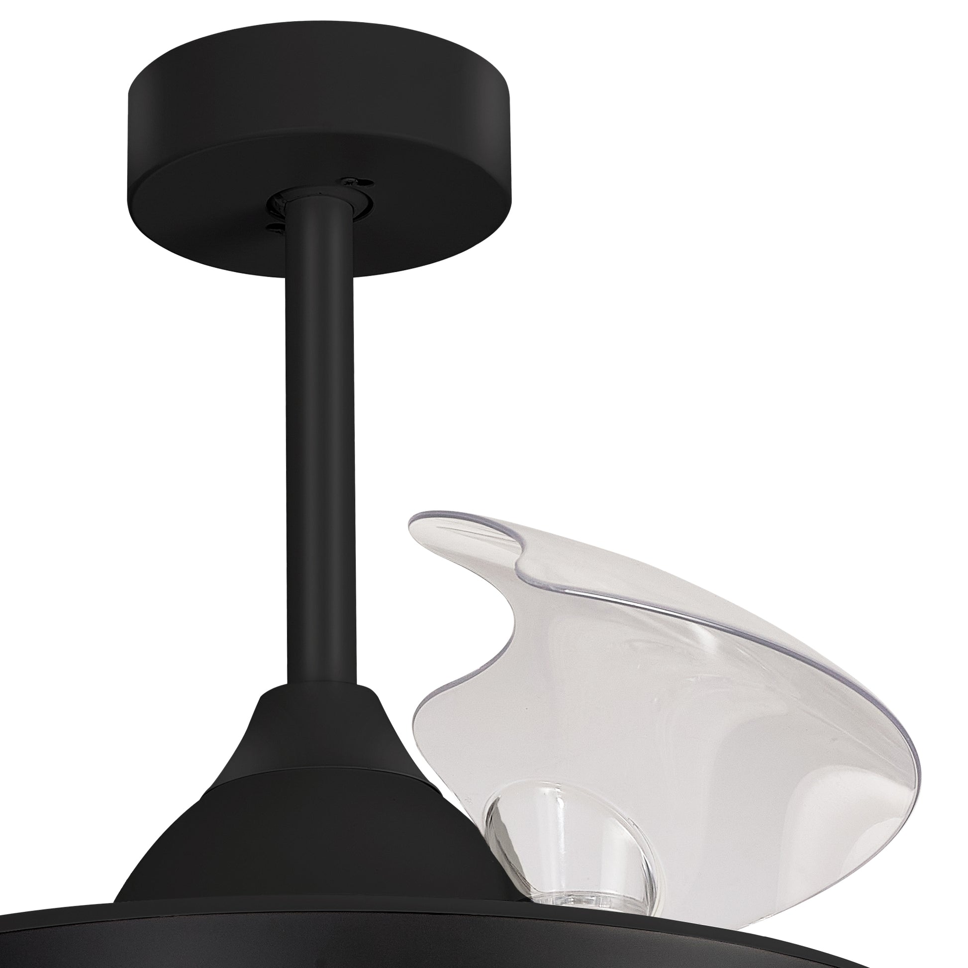 A close-up of the Alaska Black Ceiling Fan with Light by Ceiling Fans UK reveals a modern fixture featuring a sleek cylindrical stem attached to the ceiling. This 60W LED dimmable light, with its minimalist and contemporary design, boasts a uniquely-shaped transparent glass shade that surrounds the exposed bulb. The fixture also includes a built-in 30W DC fan and offers remote and APP control, all backed by a 5-year warranty.