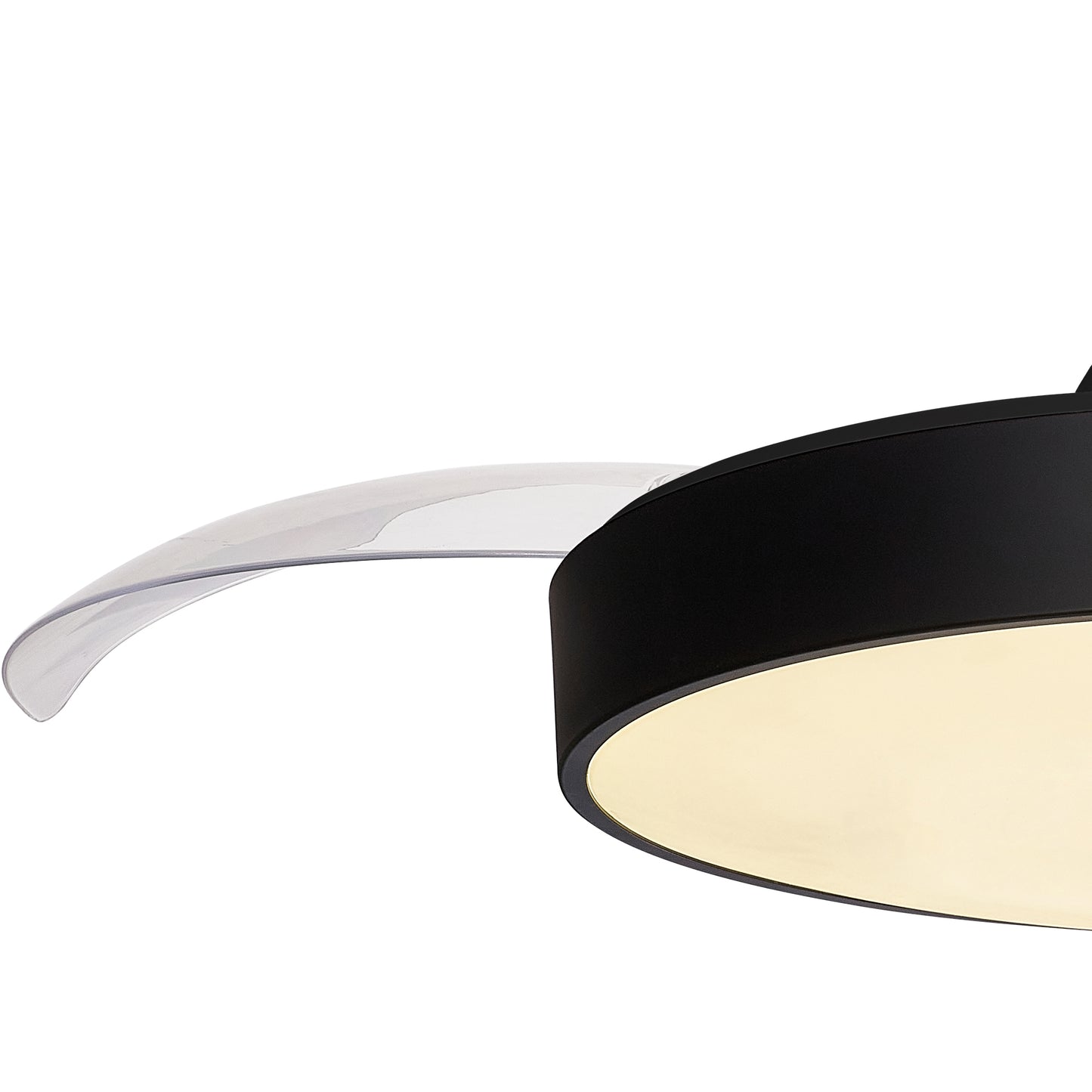 Close-up of the Alaska Black Ceiling Fan with Light by Ceiling Fans UK, featuring a sleek and contemporary design. This modern fixture includes a 60W LED dimmable ceiling light with a black circular casing and a wide, flat, illuminated white surface. A transparent wing-like extension protrudes from the side of the fixture, enhancing its stylish appearance. The unit also has an integrated 30W DC fan and comes with remote and app control, backed by a 5-year warranty.