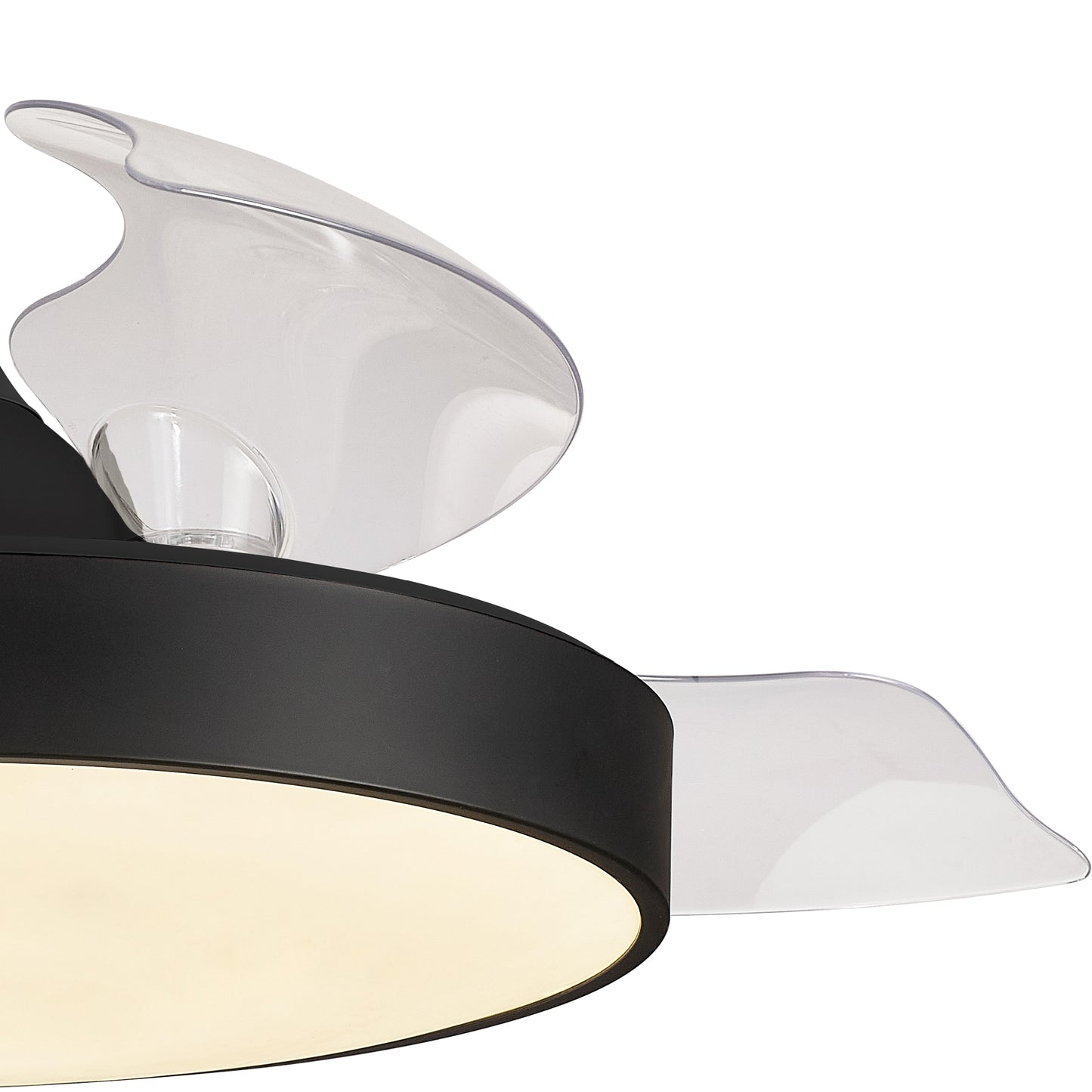 Close-up of the Ceiling Fans UK Alaska Black Ceiling Fan with a circular black frame and clear, curved blades. This stylish fan includes a 60W LED dimmable ceiling light at the center, controllable via remote and app, offering a sleek and minimalist design.