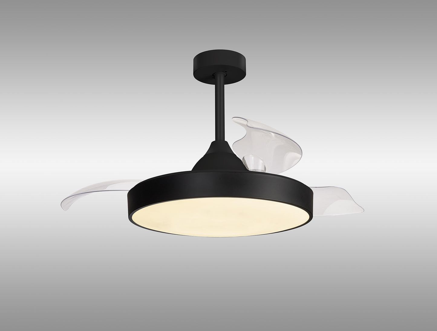 Introducing the Alaska Black Ceiling Fan with Light, a modern fixture by Ceiling Fans UK. Featuring a sleek black circular base and minimalist downrod, it boasts three translucent, wing-like blades extending outward for a contemporary look. This 60W LED dimmable ceiling light includes a built-in 30W DC fan and offers both remote and app control for ultimate convenience, all against an elegant gradient gray background. Plus, it comes with a 5-year warranty.