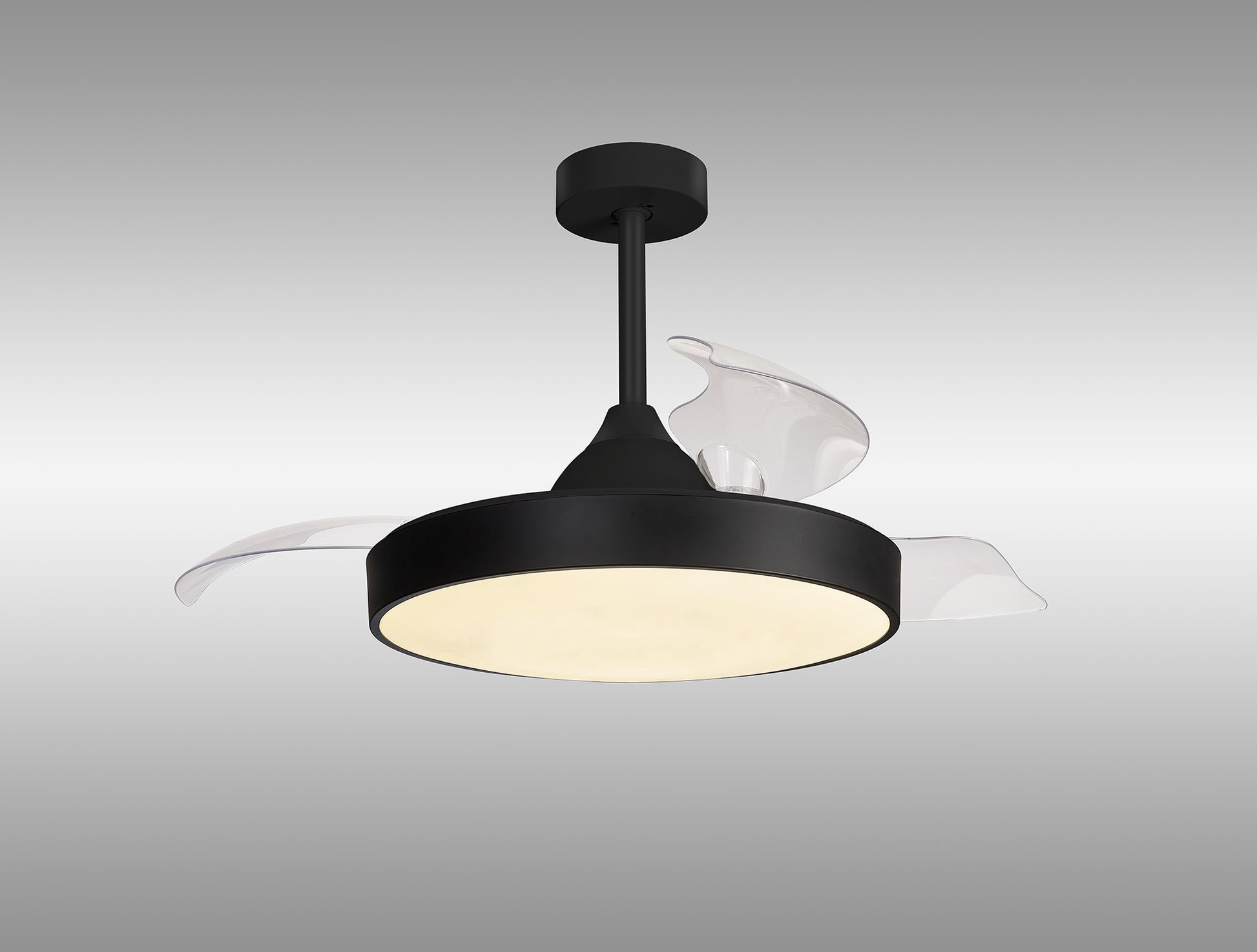 Introducing the Alaska Black Ceiling Fan with Light, a modern fixture by Ceiling Fans UK. Featuring a sleek black circular base and minimalist downrod, it boasts three translucent, wing-like blades extending outward for a contemporary look. This 60W LED dimmable ceiling light includes a built-in 30W DC fan and offers both remote and app control for ultimate convenience, all against an elegant gradient gray background. Plus, it comes with a 5-year warranty.