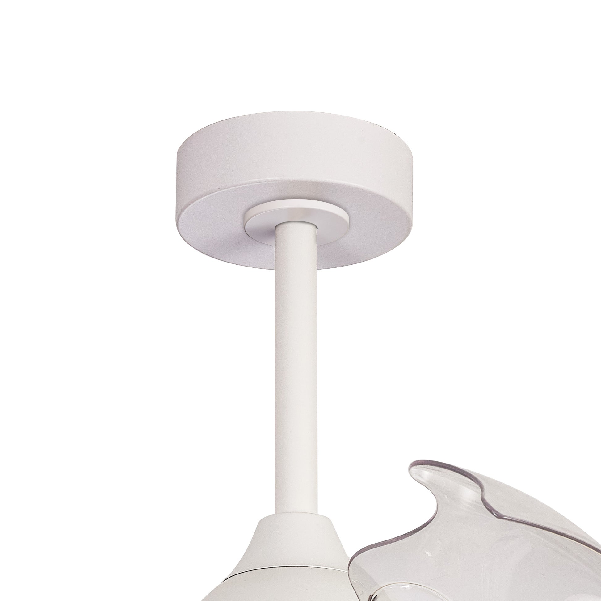 The image shows the base of an Alaska Mini White Ceiling Fan with light from Ceiling Fans UK, featuring a white cylindrical canopy attached to the ceiling. A rod extends downward from the canopy, leading to what appears to be a portion of a translucent plastic or glass shade. This 43cm fixture includes a 45W LED dimmable ceiling light and a built-in 25W DC fan, all controllable via remote or app, and comes with a 5-year warranty.