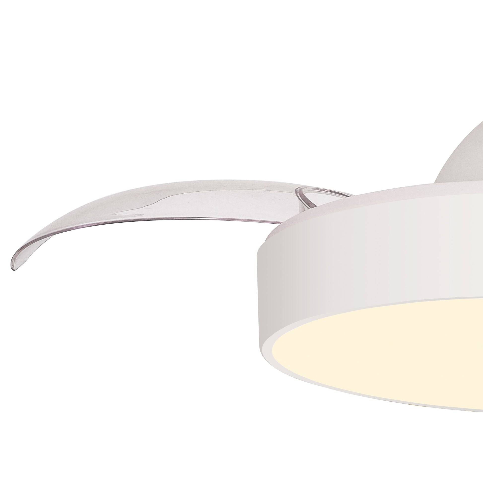 Close-up view of the Alaska Mini White Ceiling Fan with integrated light by Ceiling Fans UK. The partial image showcases a white cylindrical, 45W dimmable LED light fixture and a single transparent fan blade extending from it. This minimalist and contemporary design offers convenience with Remote & APP Control, and includes a built-in 25W DC motor with a 5-year warranty.