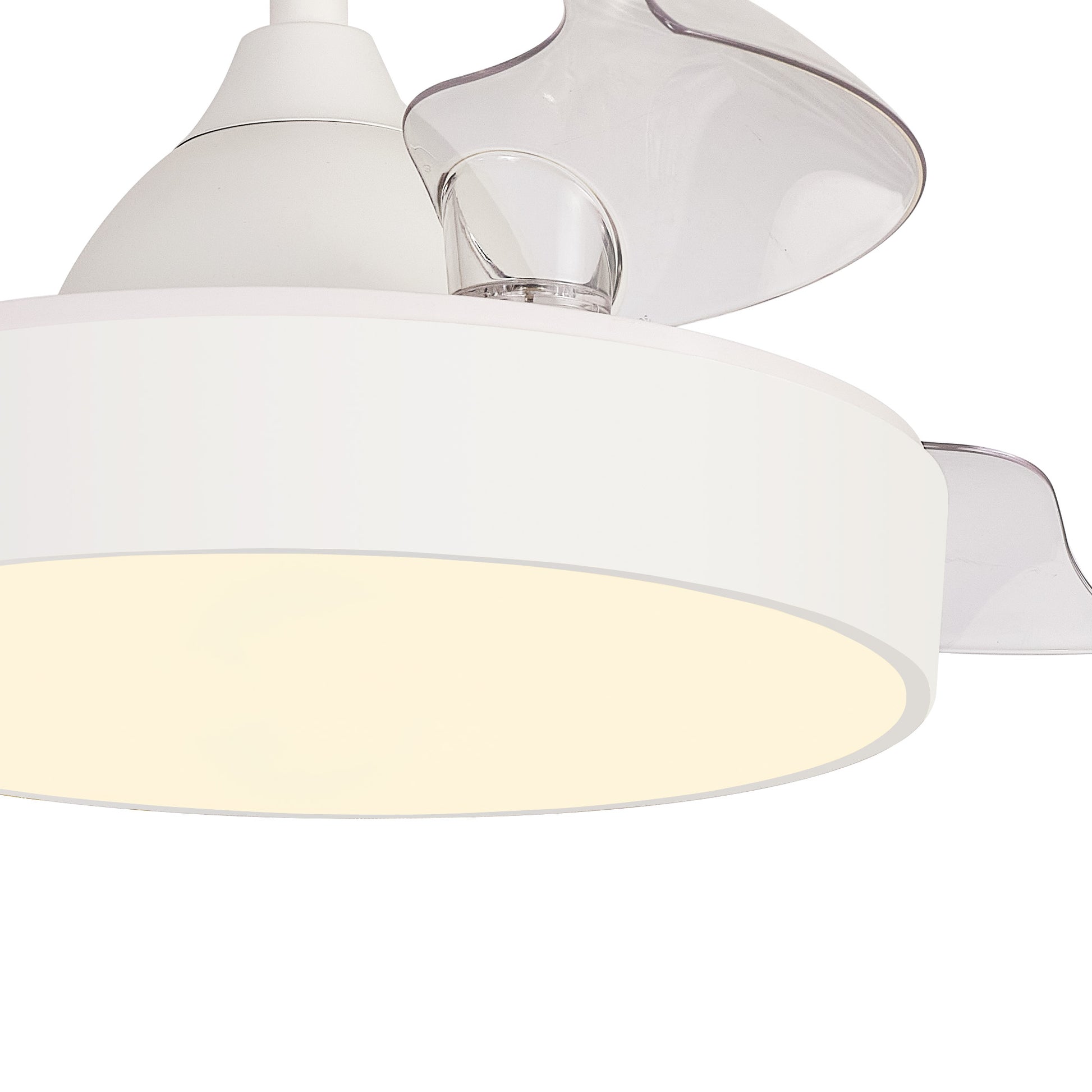 The Alaska Mini White Ceiling Fan with light by Ceiling Fans UK features a modern design with sleek, curved blades and a built-in 45W LED dimmable ceiling light. The light is covered by a white, cylindrical casing that diffuses brightness. This minimalistic fan, suitable for various interiors, offers Remote & APP Control for added convenience and comes with a 5-year warranty.