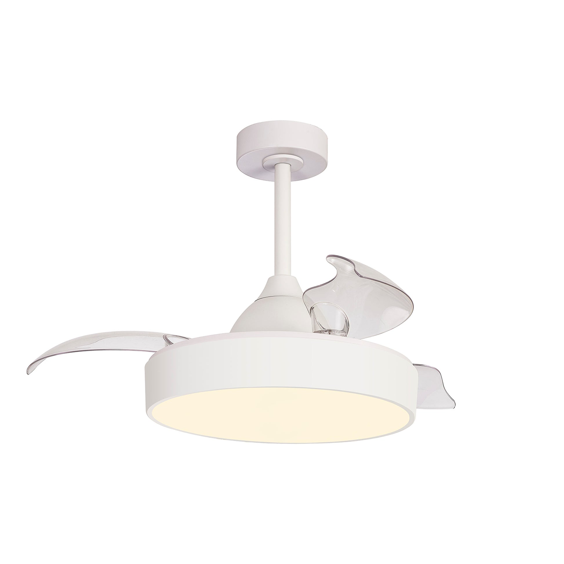 The Alaska Mini White Ceiling Fan by Ceiling Fans UK boasts a modern design with a white cylindrical base and extendable translucent blades. It features a central 45W LED dimmable ceiling light that casts a soft white glow. With its sleek, minimalist aesthetic and the convenience of Remote & APP Control, this fan is perfect for contemporary interiors. Additionally, it includes a built-in 25W DC motor and comes with an impressive 5-year warranty.