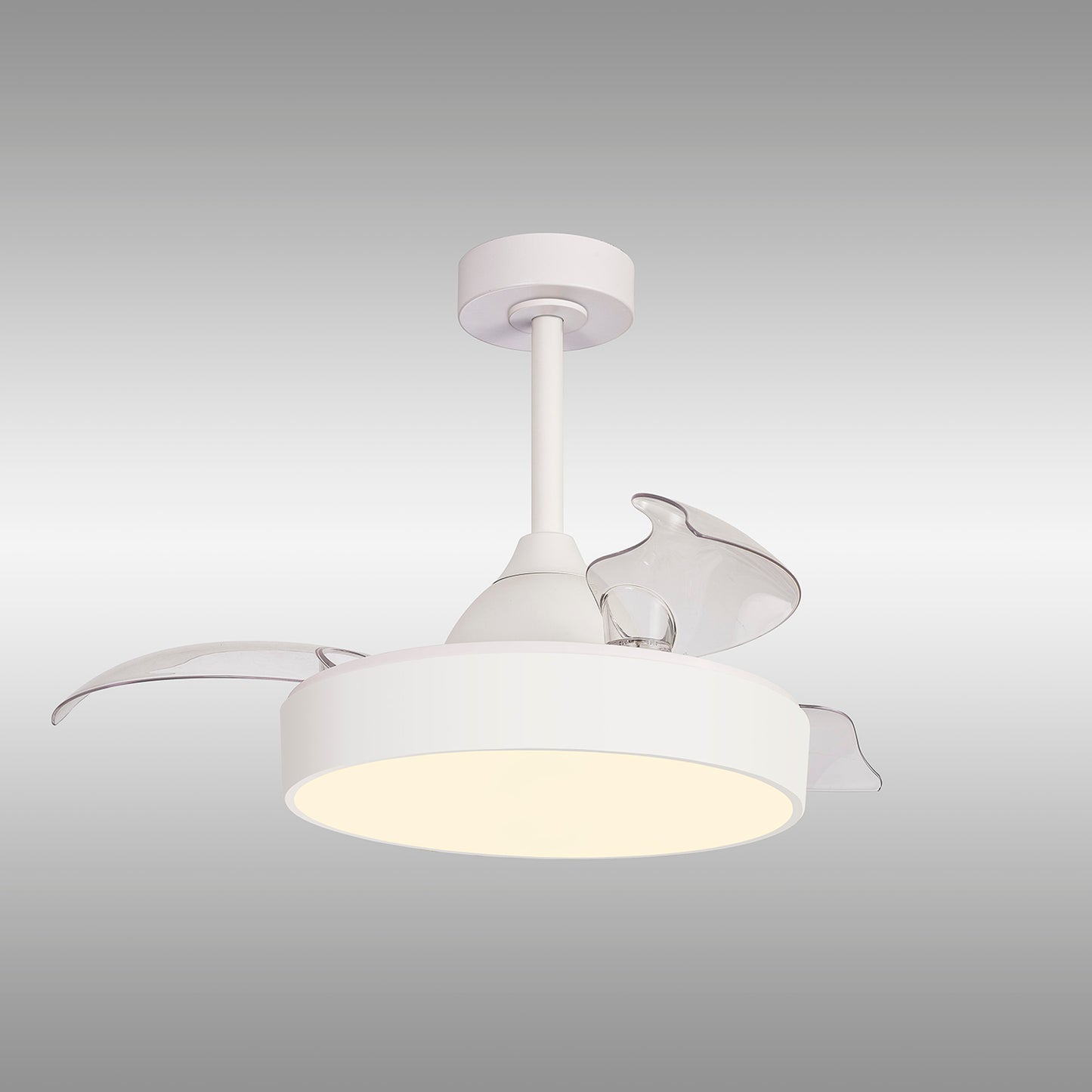 Introducing the Alaska Mini White Ceiling Fan with light by Ceiling Fans UK, a modern marvel featuring three transparent, curved blades and a 45W dimmable LED ceiling light seamlessly integrated into its 43cm central hub. Mounted on a white rod against a gradient gray background, it offers both Remote & APP Control for ultimate convenience. Plus, it comes with an impressive 5-year warranty.