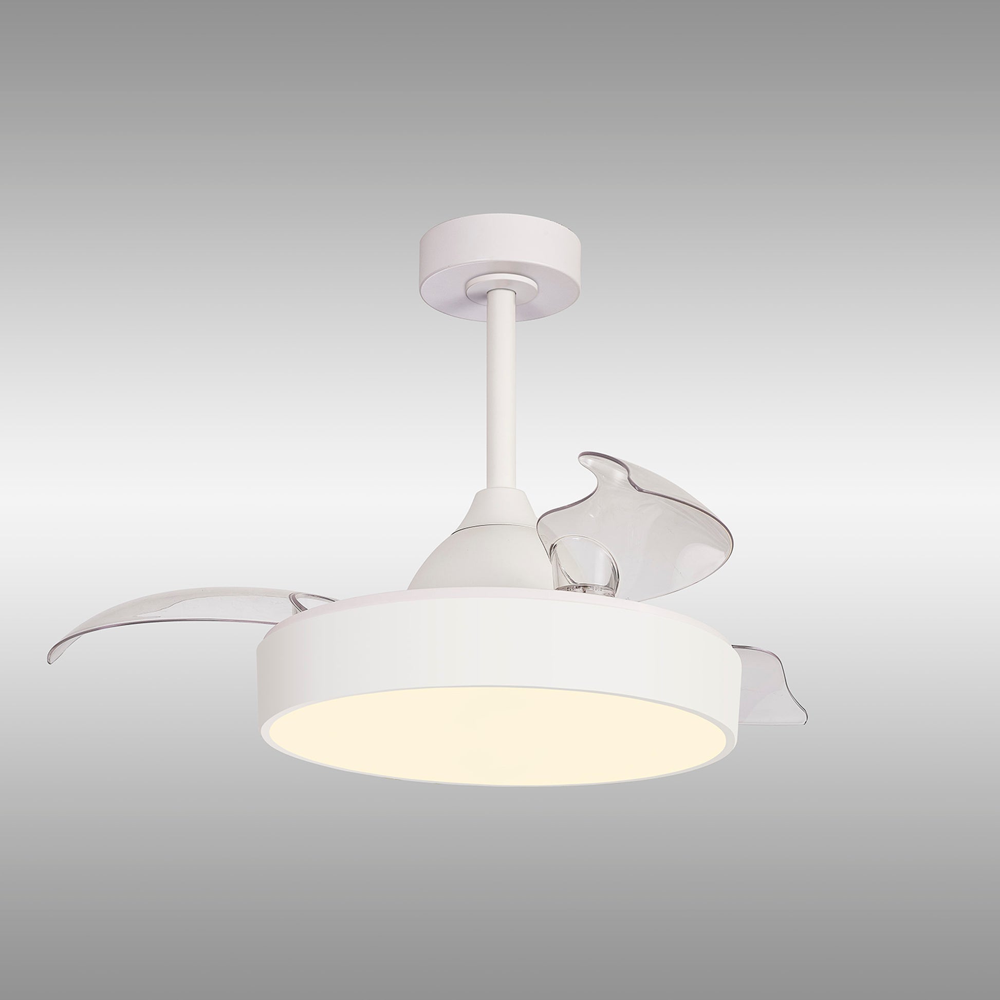 Introducing the Alaska Mini White Ceiling Fan with light by Ceiling Fans UK, a modern marvel featuring three transparent, curved blades and a 45W dimmable LED ceiling light seamlessly integrated into its 43cm central hub. Mounted on a white rod against a gradient gray background, it offers both Remote & APP Control for ultimate convenience. Plus, it comes with an impressive 5-year warranty.