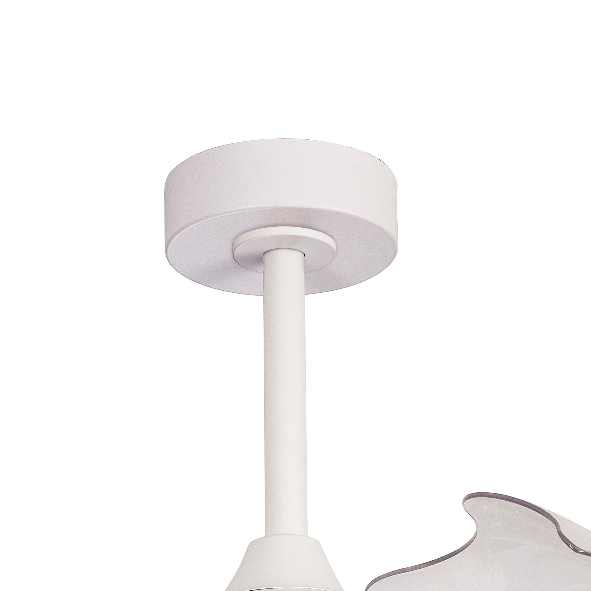 A close-up view of the Alaska Mini White/Wood Ceiling Fan with light by Ceiling Fans UK. The fixture features a cylindrical base attached to the ceiling and includes a 45W LED dimmable ceiling light. A vertical rod extends downward, with part of a translucent, petal-shaped lampshade partially visible on the right side. The fan has a built-in 25W DC motor and can be controlled via a remote or app, backed by a 5-year warranty.