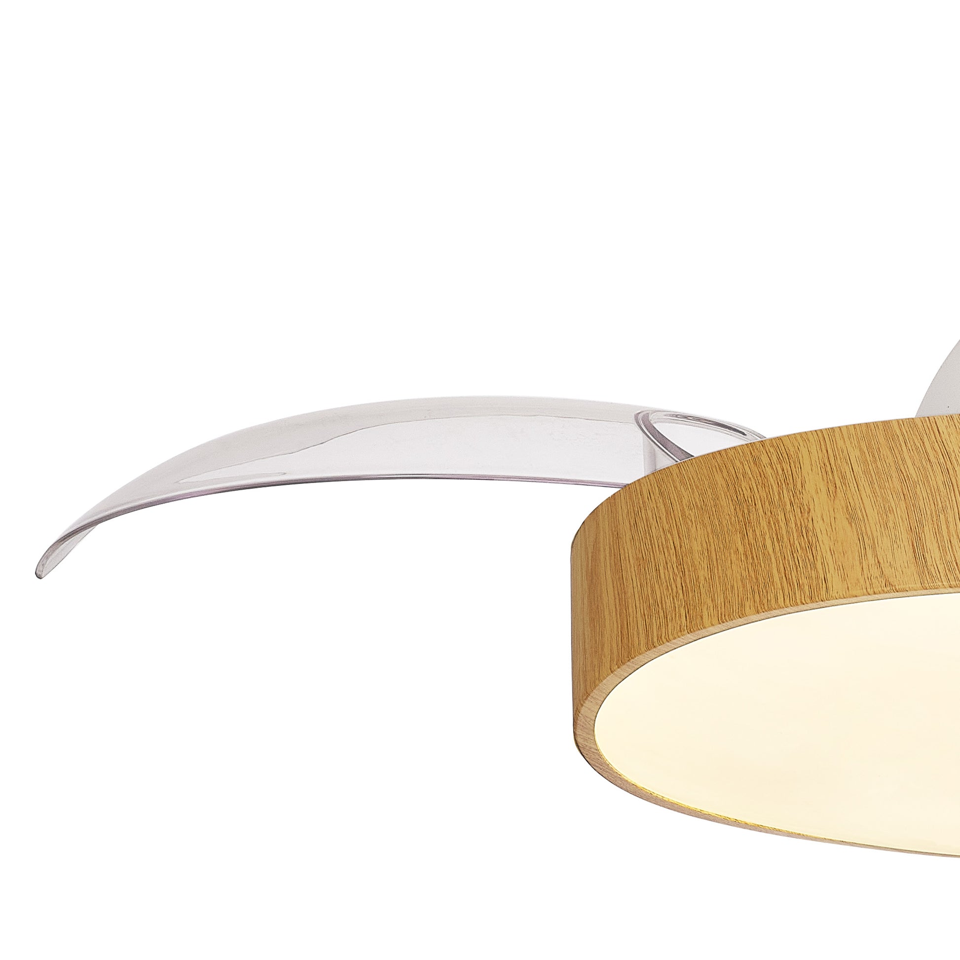 Introducing the Alaska Mini White/Wood Ceiling Fan with Light by Ceiling Fans UK. This modern ceiling fixture features a sleek wooden circular frame and a white light diffuser, enhanced by a clear curved extension extending outward from the frame. The 45W LED dimmable light and built-in 25W DC fan offer versatility for any room decor. Enjoy added convenience with remote and app control, all backed by a 5-year warranty.