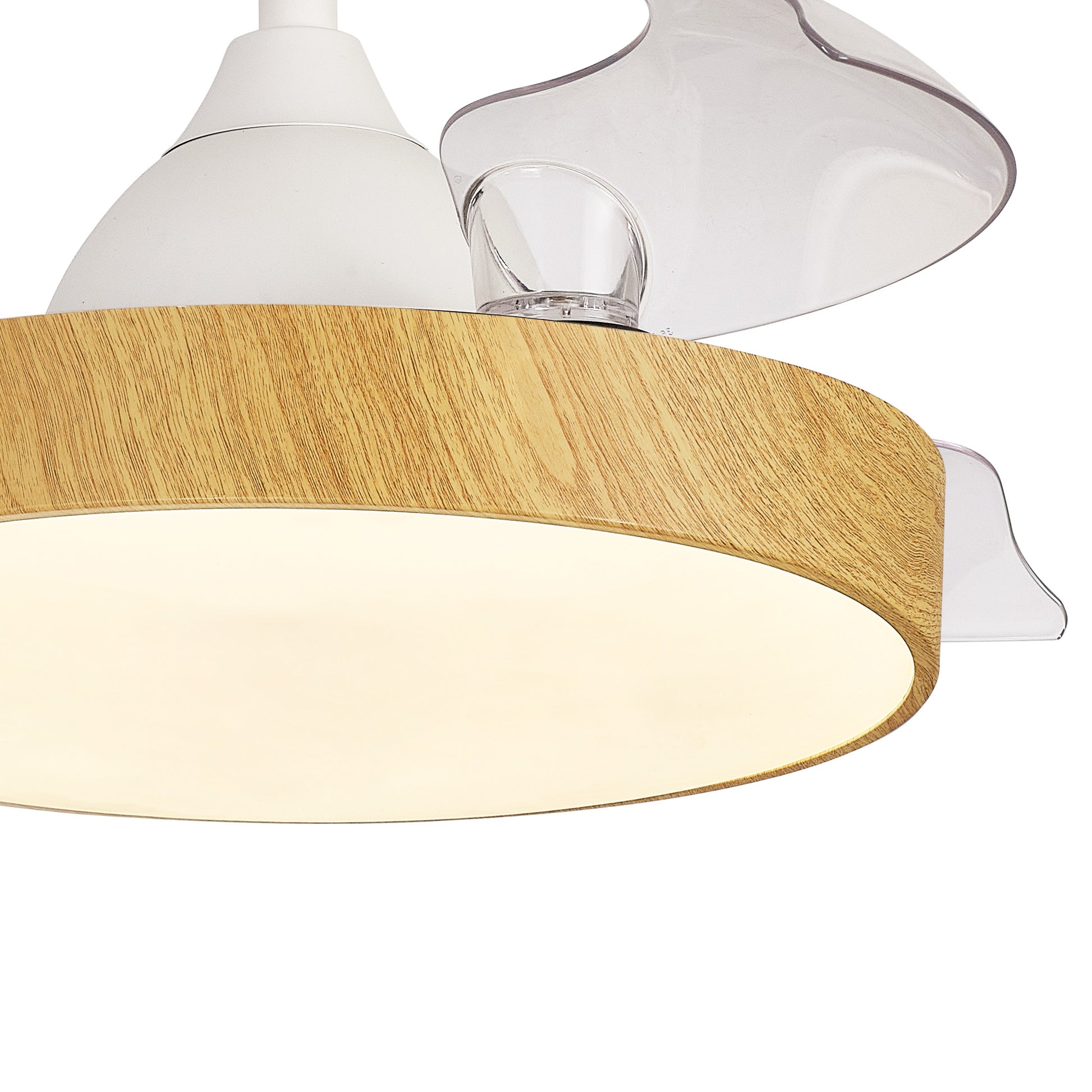 The Alaska Mini White/Wood Ceiling Fan with light by Ceiling Fans UK features a round wooden frame and a translucent, illuminated shade. The partially visible, curved blades indicate its dual functionality as both a ceiling light and a fan. With its contemporary minimalist design, this 43cm fixture includes dimmable LED lighting powered by 45W and a built-in 25W DC fan. It also comes with remote and app control options, backed by a five-year warranty.
