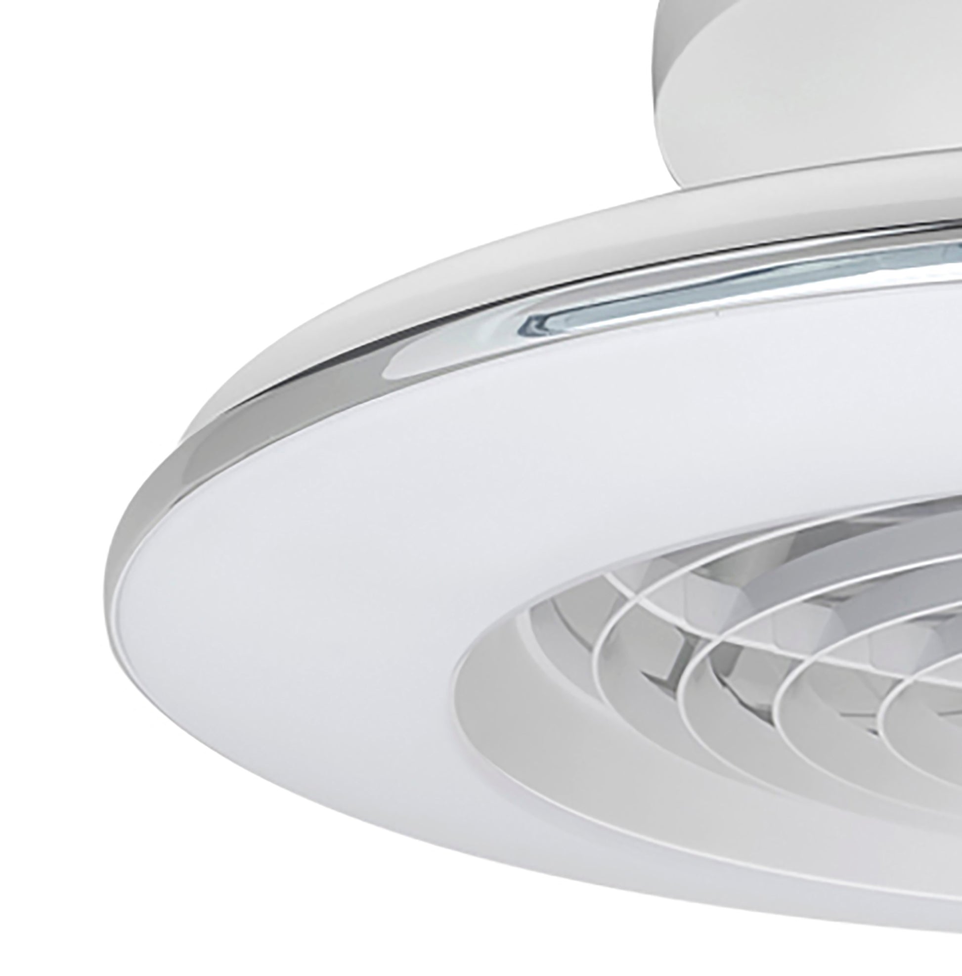 Close-up of the Ceiling Fans UK M7493 Alisio Mini White Ceiling Fan with 52.5cm 70W dimmable LED light, built-in 30W DC reversible fan, white finish, sleek design, and remote control; delivers up to 4900lm.