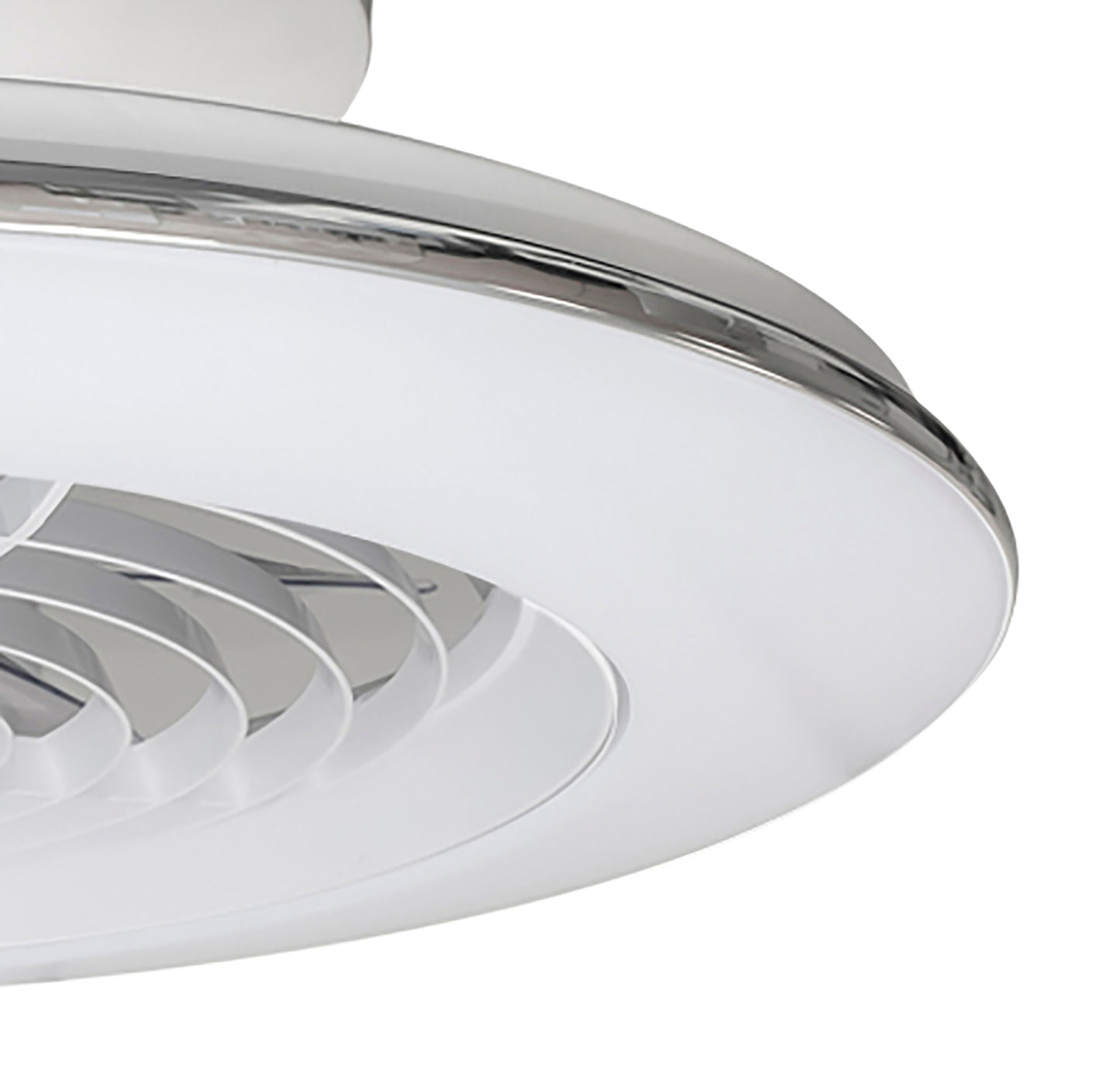 Close-up of the Ceiling Fans UK M7493 Alisio Mini White 52.5cm ceiling fan with a sleek circular LED dimmable light (70W, 4900lm), built-in 30W DC reversible fan, curved blades in a white frame, and remote control operation.
