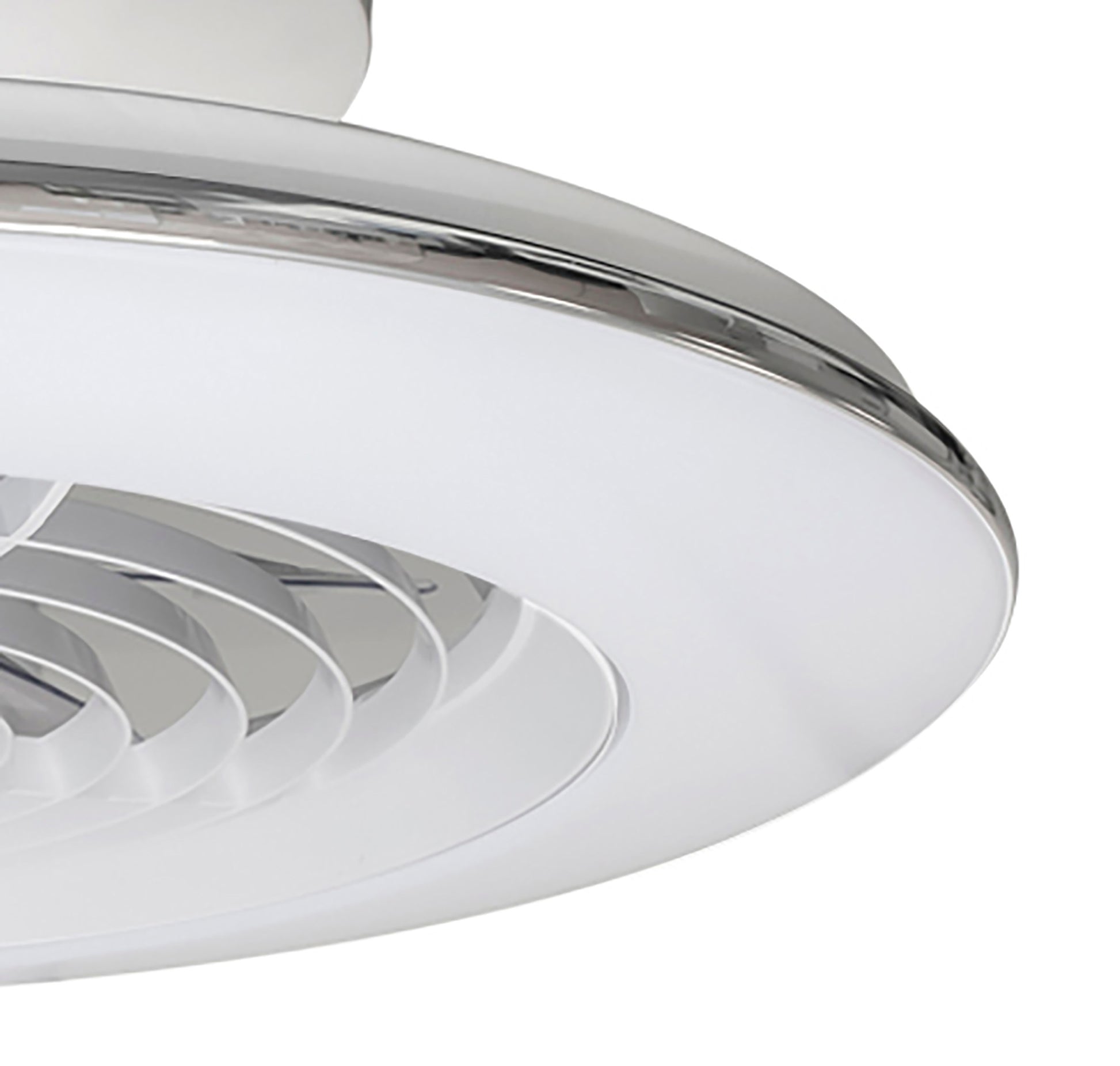 Close-up of the Ceiling Fans UK M7493 Alisio Mini White 52.5cm ceiling fan with a sleek circular LED dimmable light (70W, 4900lm), built-in 30W DC reversible fan, curved blades in a white frame, and remote control operation.