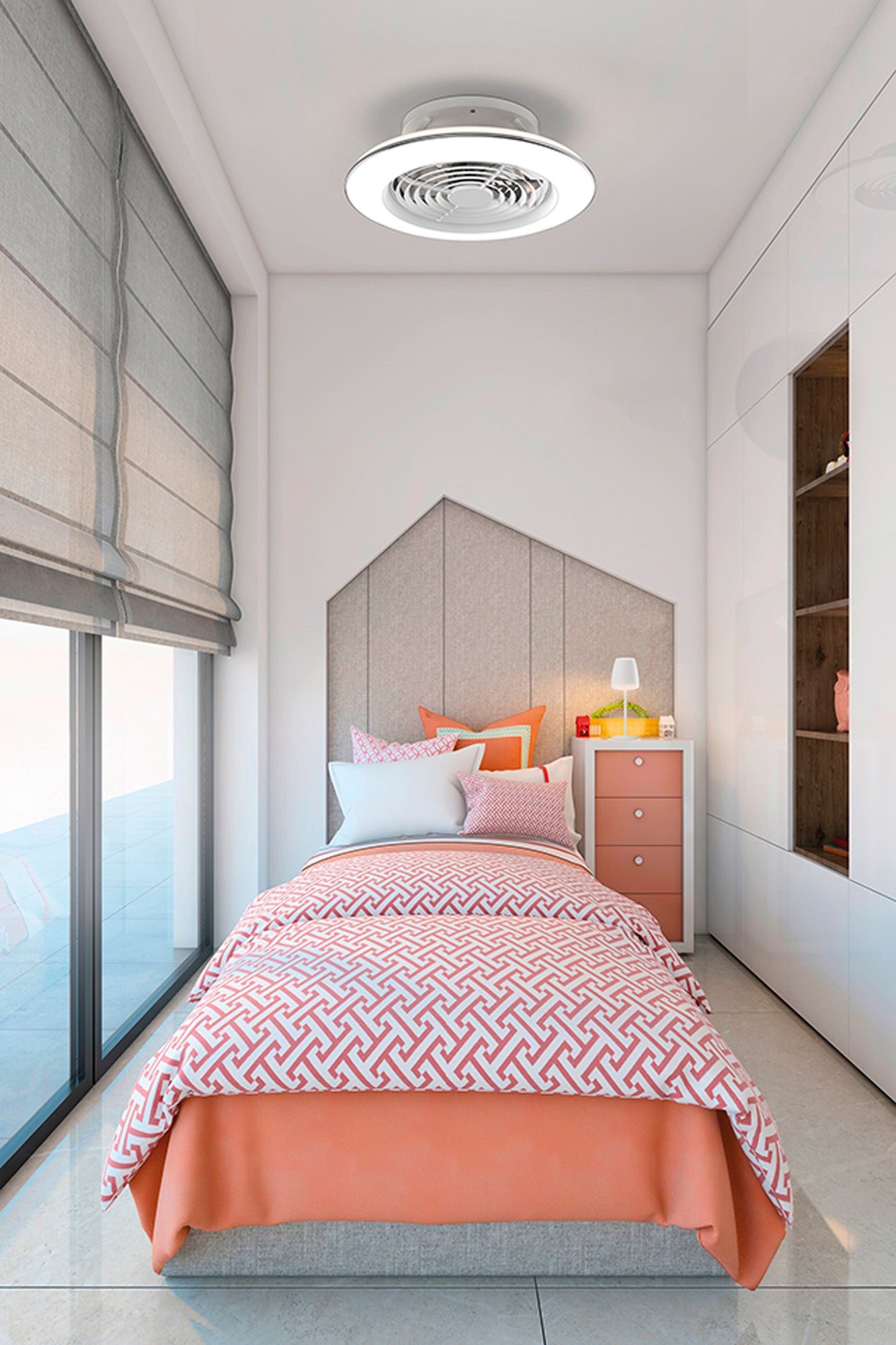 A modern bedroom with a single bed, pink and white bedding, nightstand with lamp, built-in cabinets, large windows with roman shades, and a Ceiling Fans UK M7493 Alisio Mini White LED dimmable reversible ceiling fan (52.5cm) with remote control.