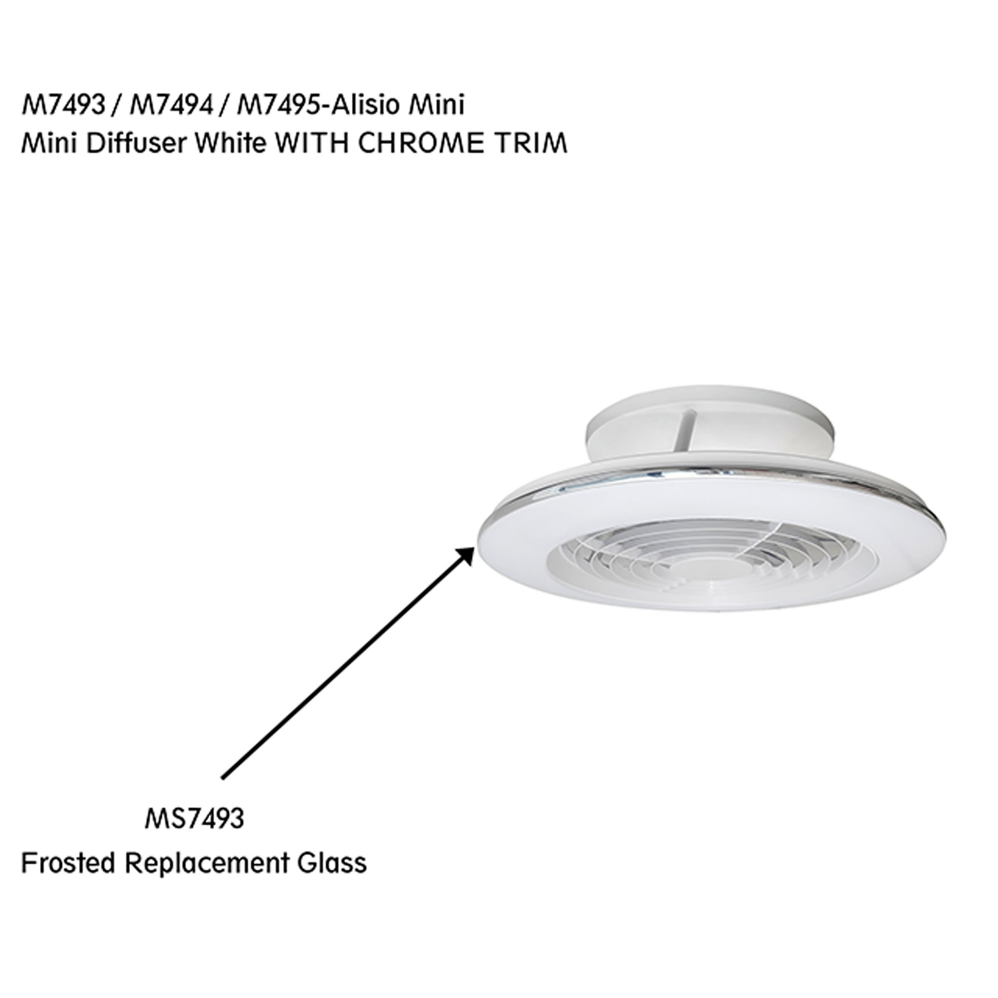 A white M7493 Alisio Mini Ceiling Fan with Light by Ceiling Fans UK is ceiling-mounted. An arrow highlights its frosted replacement glass (MS7493). The 52.5cm, 70W LED dimmable fan features a white finish, 30W DC reversible motor, and comes with remote control.