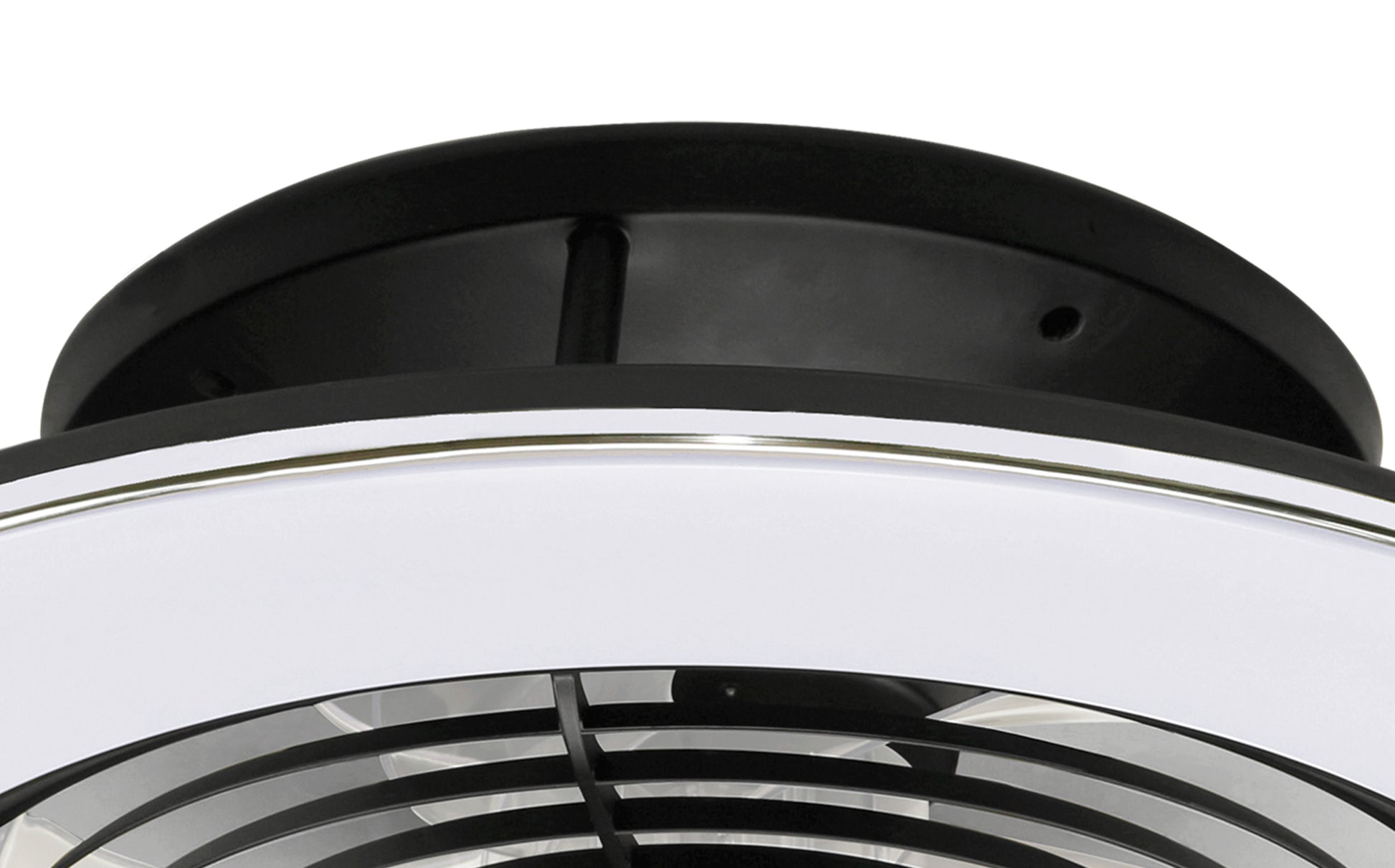 Close-up of the Alisio Black Ceiling Fan with Light by Ceiling Fans UK, showcasing its sleek, circular mount. The white and metallic blades are partially visible through a protective grill. Featuring a 63cm 70W LED dimmable ceiling light and remote control, this minimalist and contemporary design is ideal for modern interior decor.