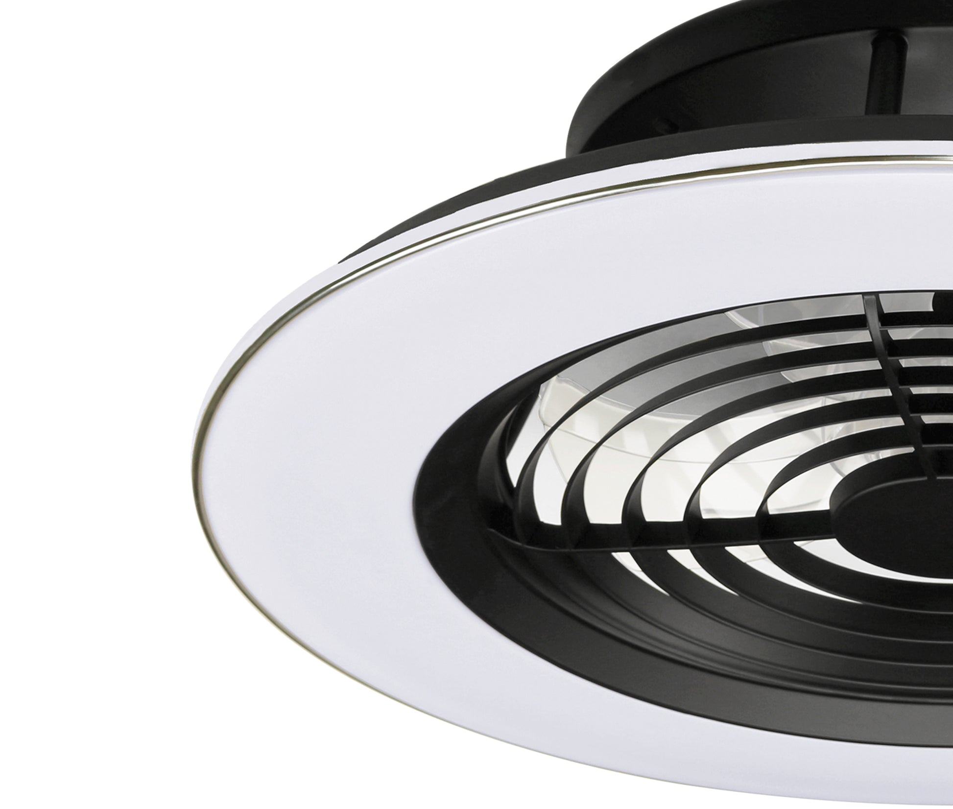 Close-up image of the Alisio Black Ceiling Fan with Light by Ceiling Fans UK. This modern fan features a sleek, futuristic design with a semi-exposed bladeless housing and a minimalistic aesthetic. The fan includes an integrated 70W LED dimmable ceiling light and a built-in 35W reversible DC fan, delivering up to 4900 lumens. For added convenience, it comes in a BlackWhite finish with remote control and app control capabilities.