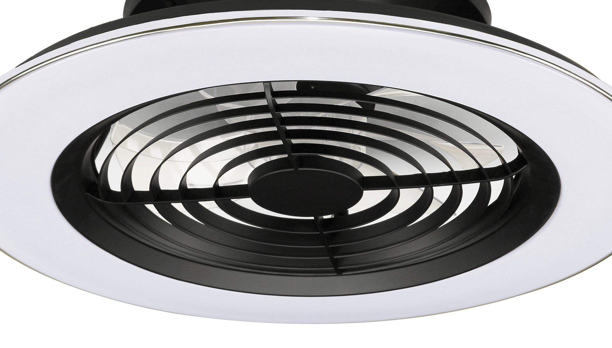 A close-up view of the Alisio Black Ceiling Fan with Light by Ceiling Fans UK showcases its sleek and minimalistic design. This modern ceiling fan features a black circular grill in the center, surrounded by a white outer ring. The fan also includes a 70W LED dimmable ceiling light, offering 4900 lumens of brightness, making it perfect for contemporary interiors. The unit comes with a built-in 35W DC reversible fan and can be controlled via remote or app for added convenience.
