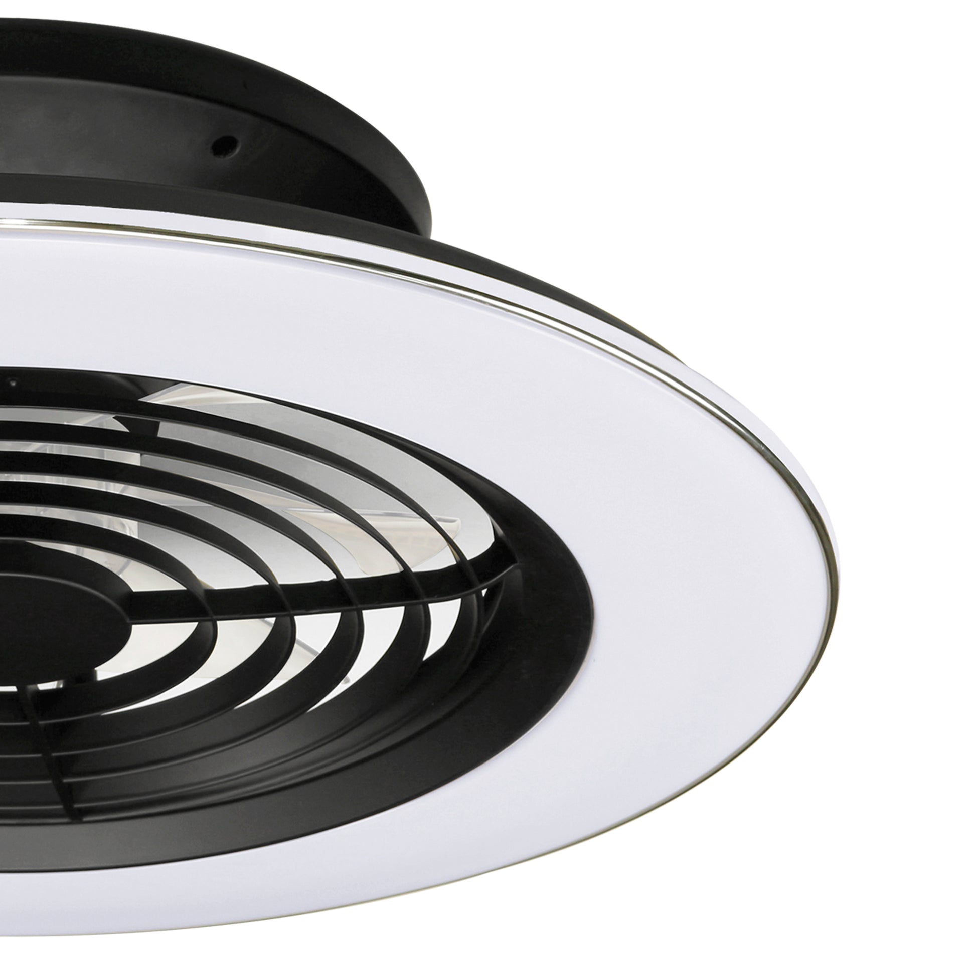 Close-up image of the Alisio Black Ceiling Fan with Light by Ceiling Fans UK. This modern ceiling-mounted fan features a circular design with a black inner section housing the blades, which are protected by a black grating, and a contrasting white outer ring. The 63cm fan incorporates a 70W dimmable LED ceiling light and includes both remote control and app control for added convenience.
