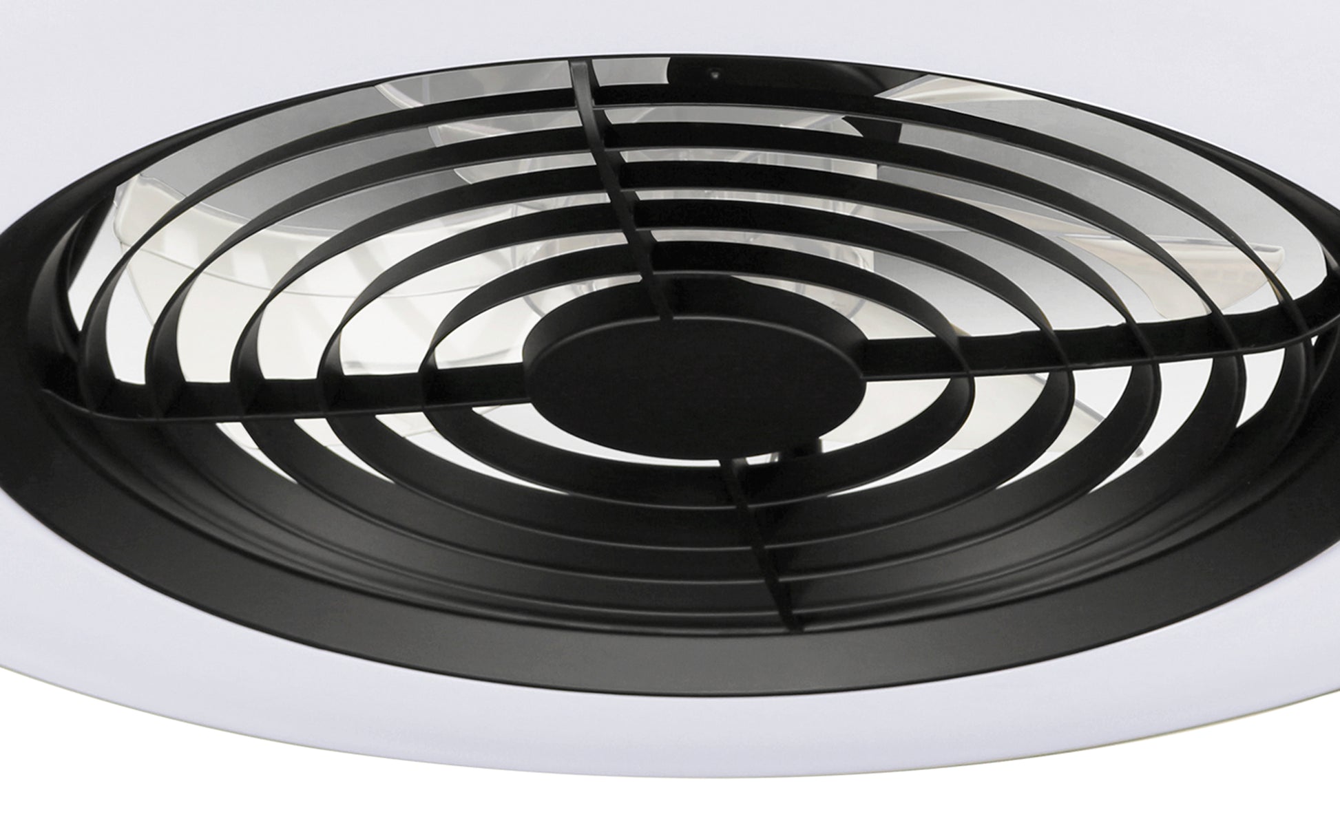 Close-up of the Alisio Black Ceiling Fan with Light by Ceiling Fans UK. This ceiling-mounted fan, with its sleek BlackWhite finish, features a circular grille that includes evenly spaced horizontal and vertical bars enclosing a central motor hub. Enhanced with a 70W LED dimmable ceiling light that produces 4900lm and comes complete with remote control and app control for added convenience, its elegant design contrasts beautifully against the white background.