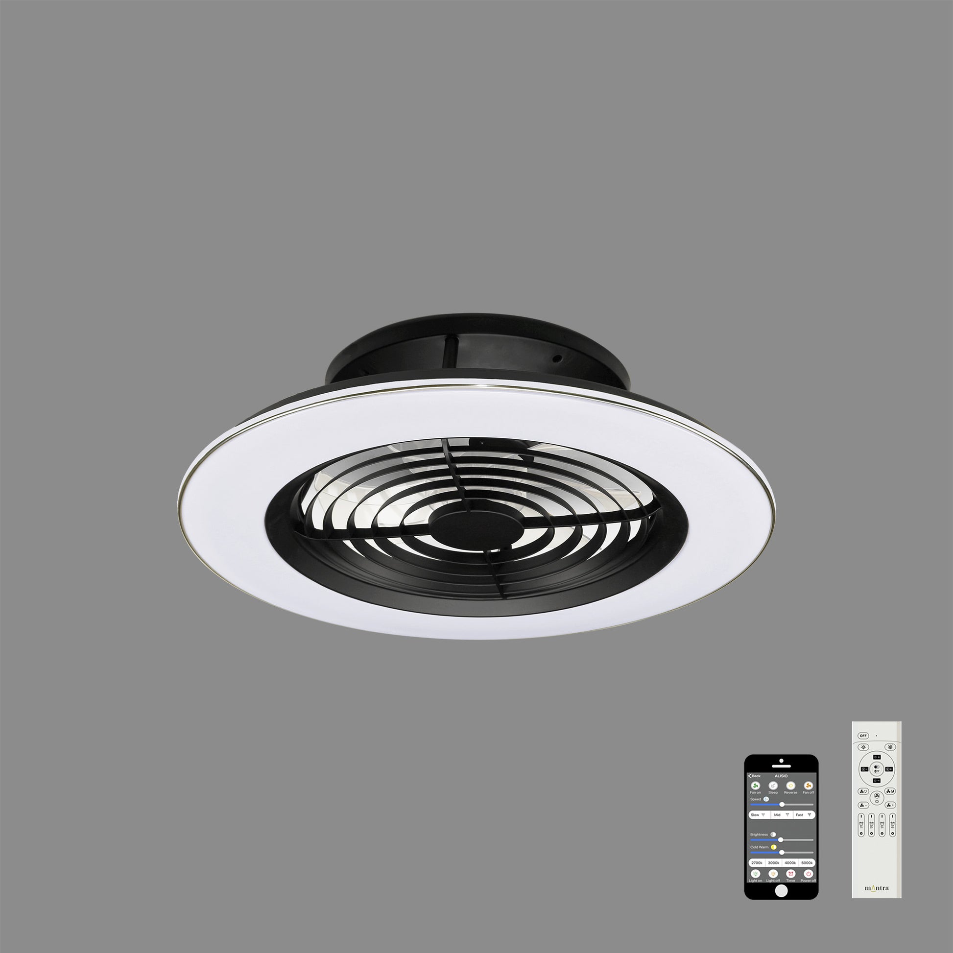 The Alisio Black Ceiling Fan with Light by Ceiling Fans UK, featuring a 63cm 70W LED dimmable circular light ring around the blades and a built-in 35W DC reversible fan, is showcased against a plain gray background. A remote control and a smartphone displaying the app for control are positioned to the right of the fan for demonstration purposes.
