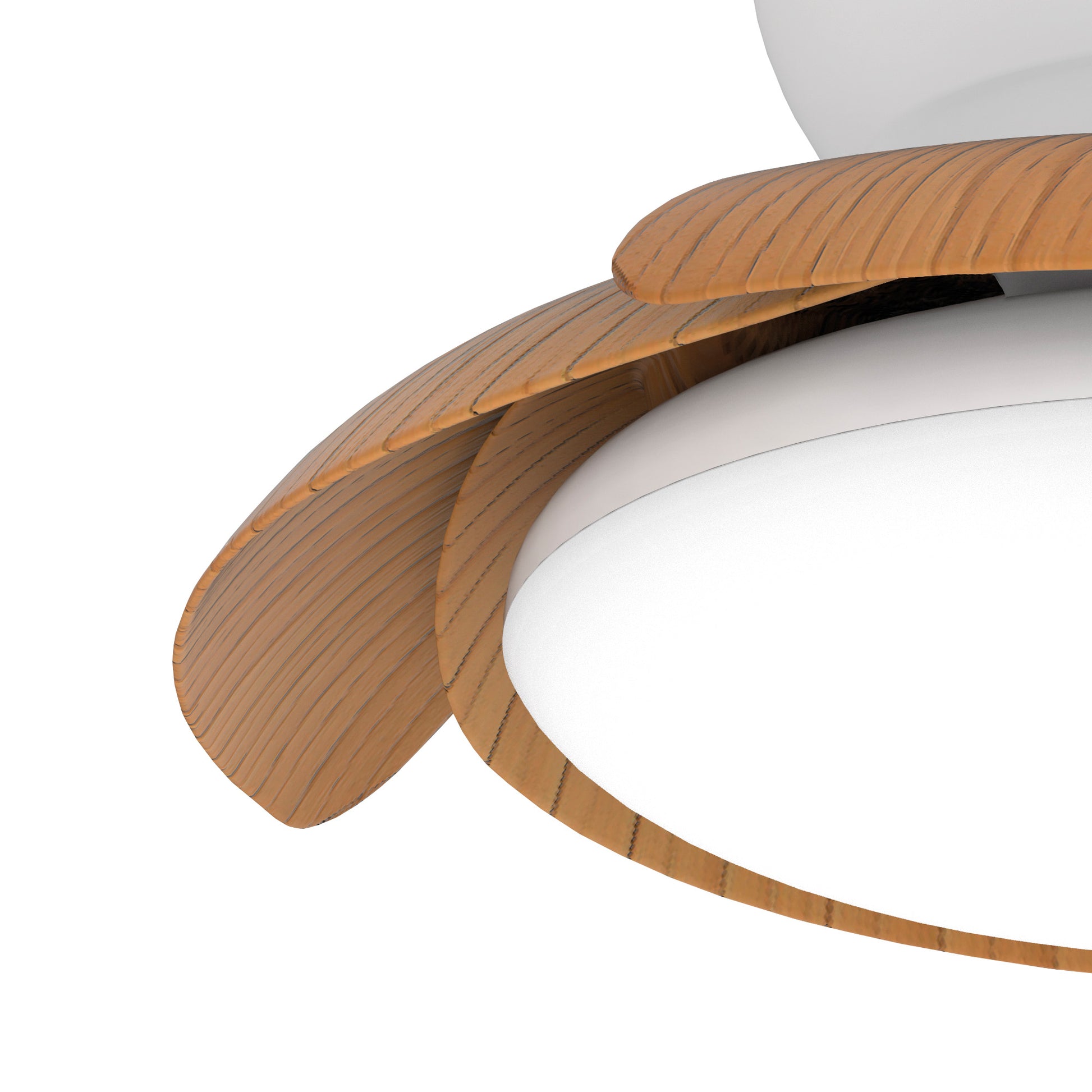 Close-up of a Ceiling Fans UK Aloha White/Wood Ceiling Fan with 52cm wooden blades arranged in a curved, stacked manner. The fan features a central 45W LED dimmable ceiling light at the bottom. The wood grain texture on the blades contrasts beautifully with the smooth, white surface of the light fixture. This product comes with a built-in 30W reversible DC fan and is backed by a 5-year warranty.