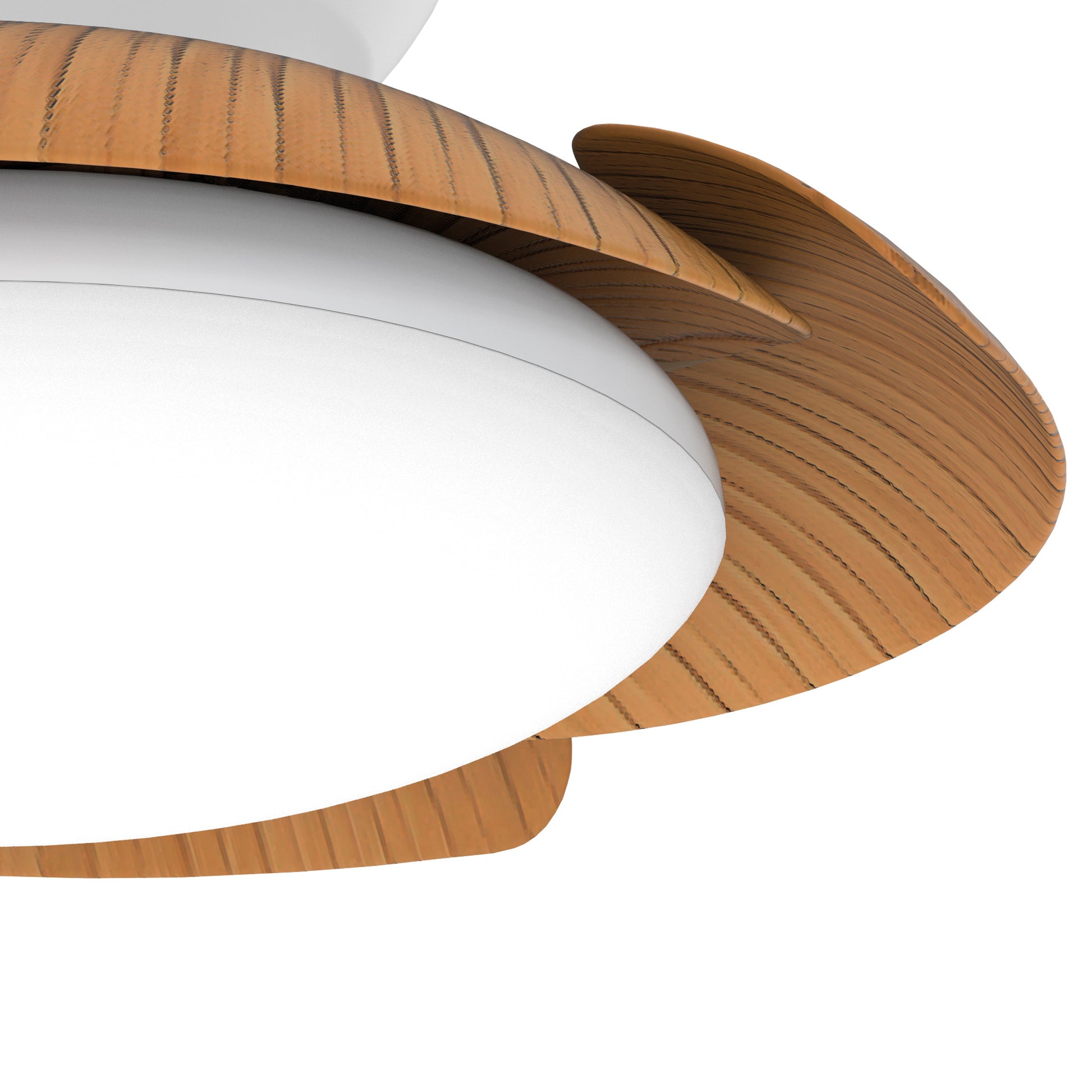 A close-up view of the Ceiling Fans UK Aloha White/Wood Ceiling Fan with Light showcases three wooden blades and a round 45W LED dimmable ceiling light fixture in the center. The fan blades feature a natural wood grain texture, presenting a sleek and contemporary design. This fan also includes a built-in 30W DC reversible motor and comes with a 5-year warranty.