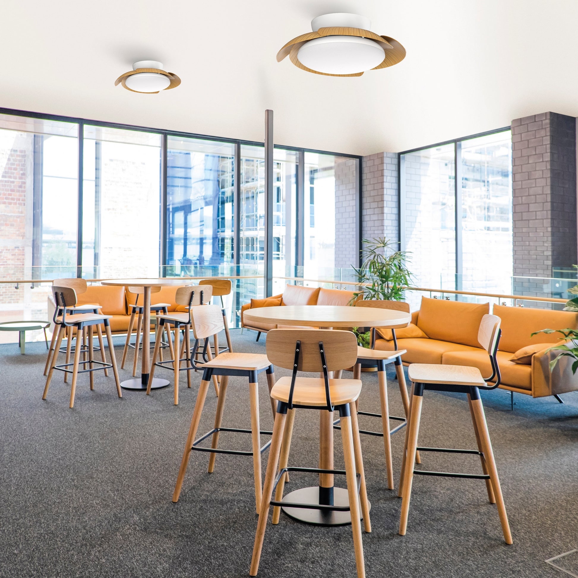 Modern office lounge area with tall round wooden tables and matching barstools. Two mustard-colored couches are along the windows. There are large windows offering a view outside, and potted plants add a touch of greenery. An Aloha White/Wood Ceiling Fan with Light from Ceiling Fans UK completes the stylish look, featuring a 52cm 45W LED dimmable ceiling light with a built-in 30W DC reversible fan.