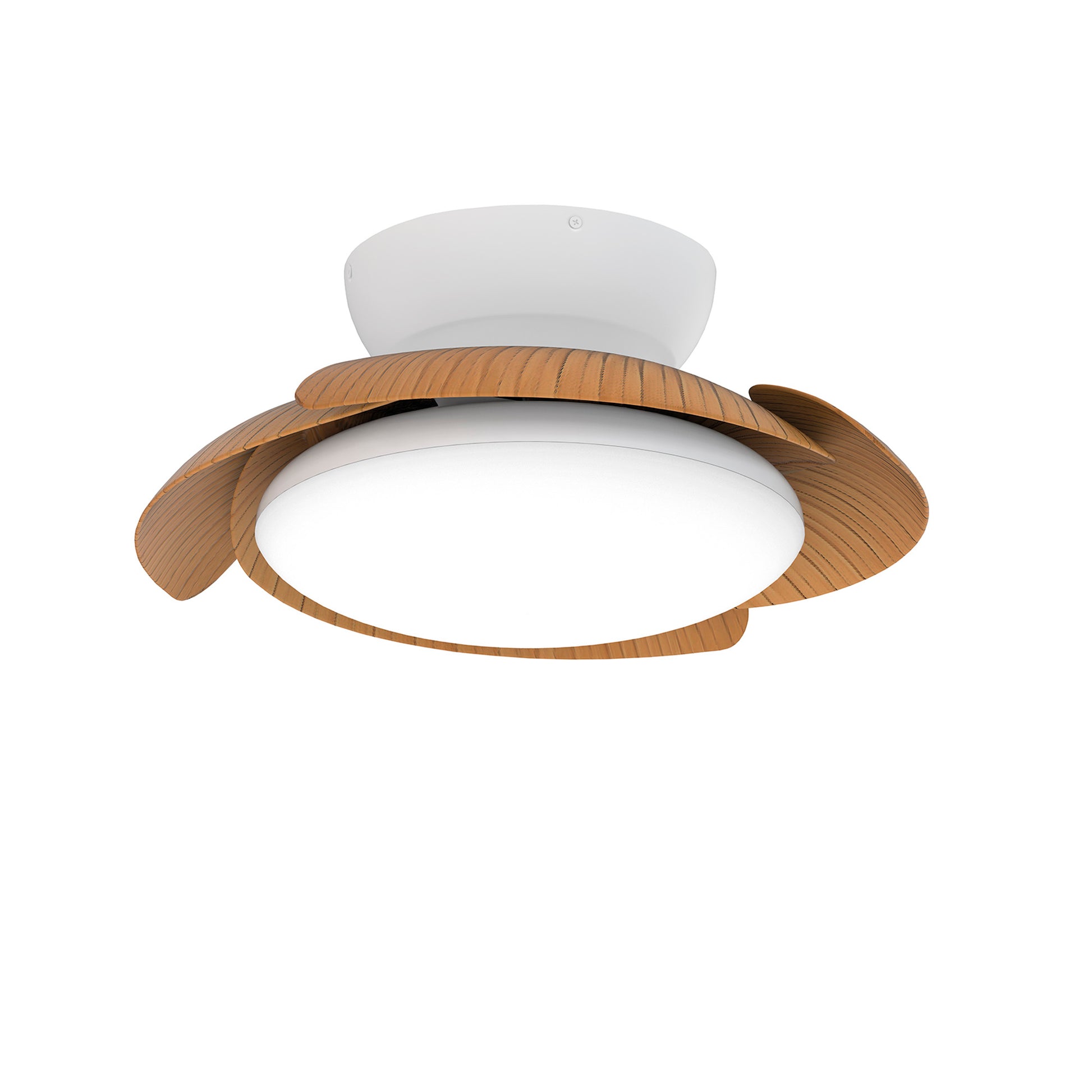The Aloha White/Wood Ceiling Fan from Ceiling Fans UK boasts a sleek and modern design, featuring a white circular base and three smooth, curved wooden blades around an integrated 52cm 45W LED Dimmable Ceiling Light. The light brown blades provide both style and functionality, while the built-in 30W DC reversible fan ensures optimal comfort. This product also includes a 5-year warranty.