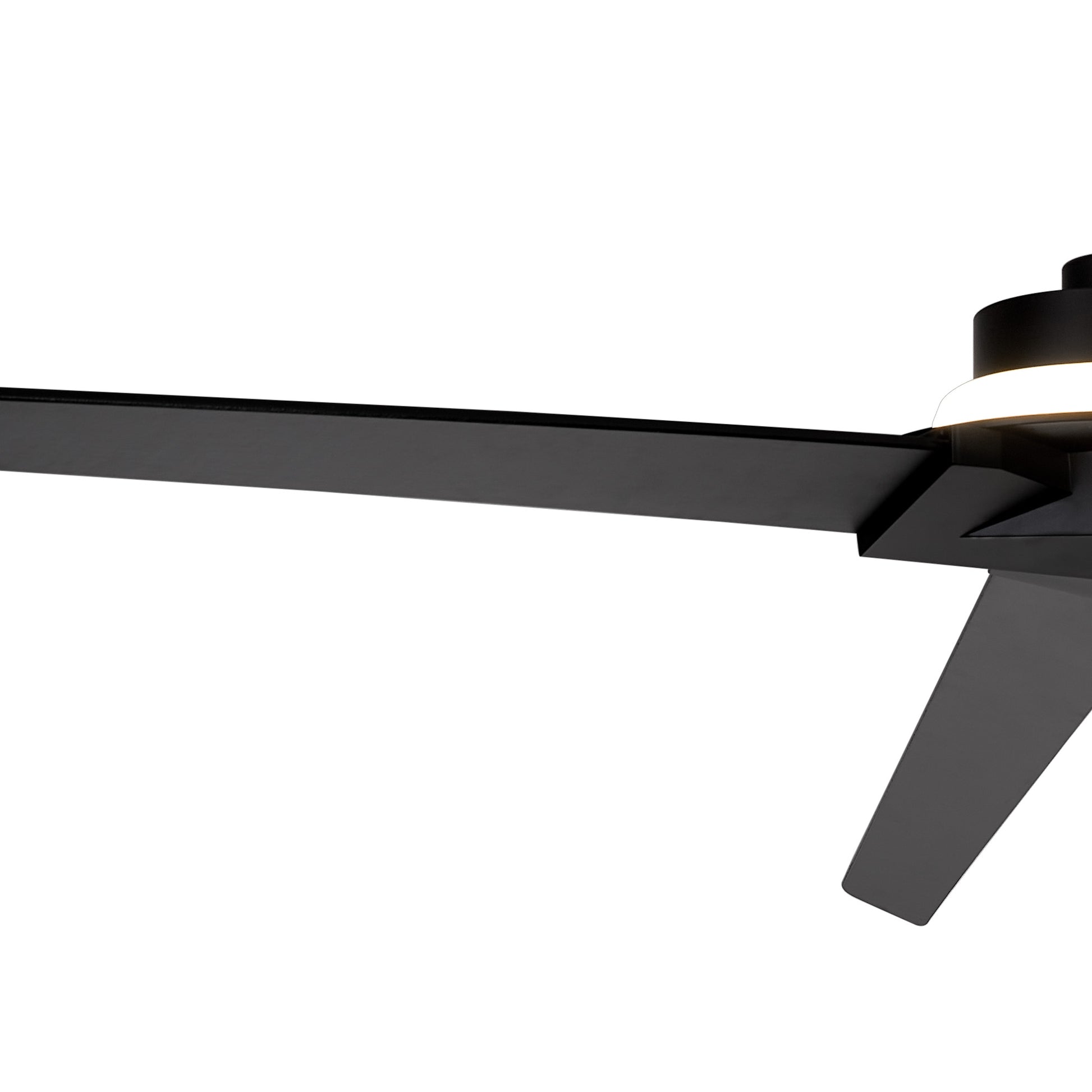 Close-up of the sleek Brisa Black Ceiling Fan with Light by Ceiling Fans UK, featuring three angular black reversible blades. This modern 175cm fan sports a minimalistic design and incorporates a dimmable 20W LED light (2700-5000K) built into its center. The image highlights one of the blades and the central hub of this 40W reversible fan, emphasizing its contemporary elegance. With remote and app control, it offers 1400 lumens of illumination, is IP44 rated, and comes with a 5-year warranty.