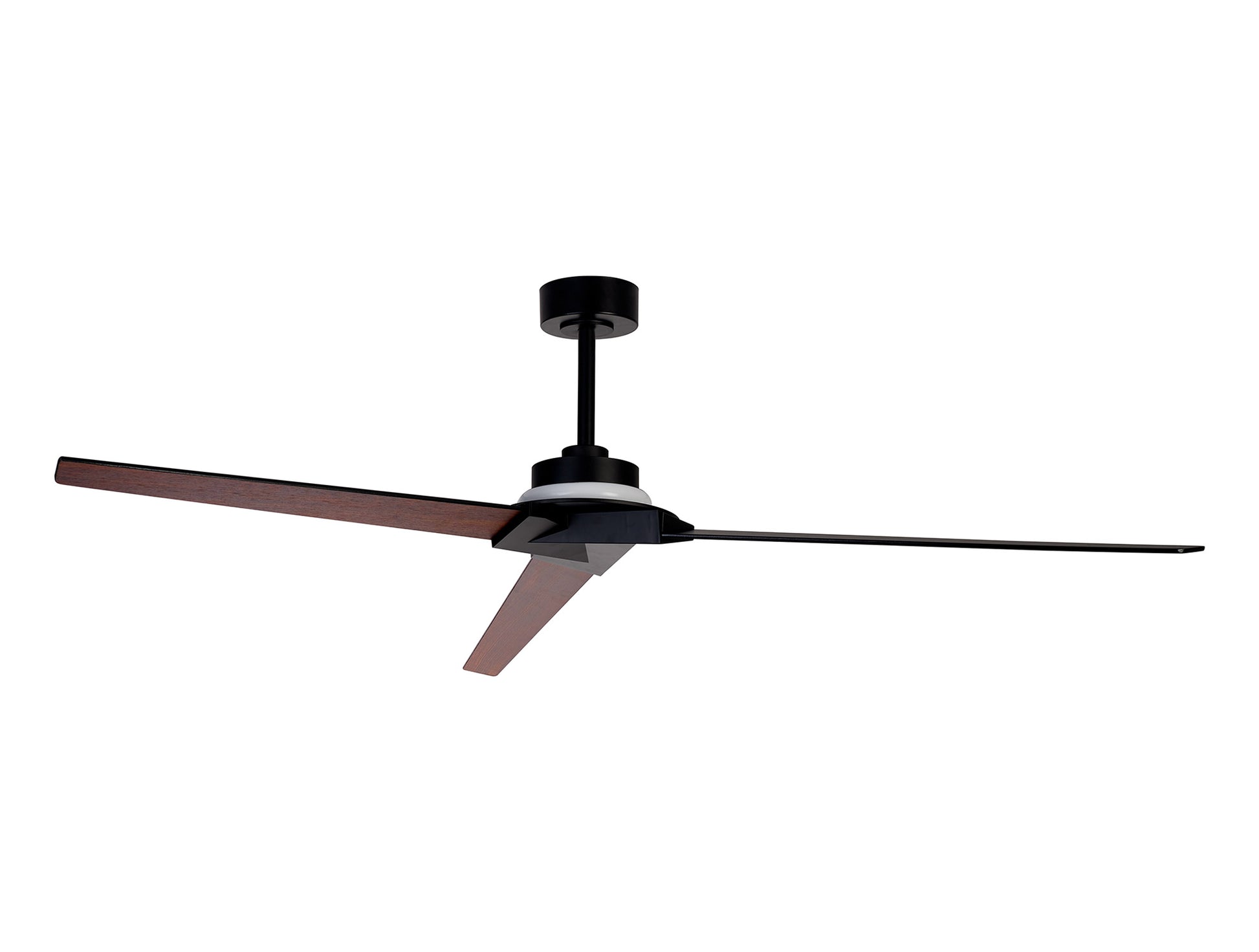 The MANTRA M8723/MA Brisa Ceiling Fan by Ceiling Fans UK features black/wood reversible blades, a black hub, dimmable 20W LED light, 40W fan, remote & app control, IP44 rating, and a 5-year warranty—sleekly mounted on a short black downrod.