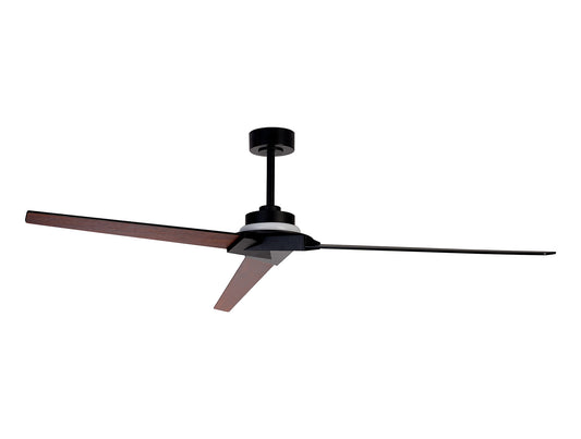 The Brisa Black/Wood Ceiling Fan with light by Ceiling Fans UK is a sleek modern ceiling fan featuring three blades, encompassing a matte black body with two black blades and one brown blade. This 175cm fan highlights its minimalistic design with clean lines and contemporary aesthetics, offering remote and app control for adjustable 20W LED dimmable lighting. The fan also comes with reversible blades, an IP44 rating, and a 5-year warranty.