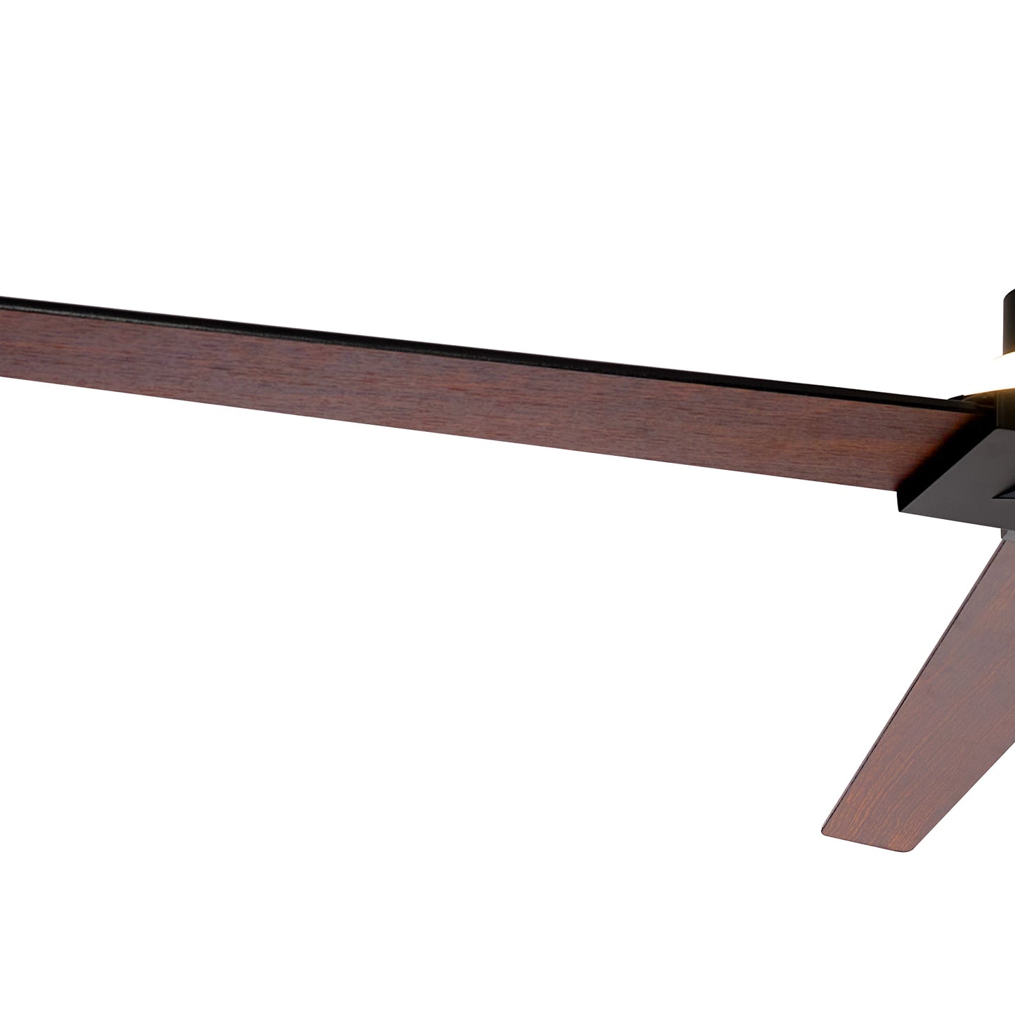 Close-up view of the intersecting wooden and black blades of the MANTRA M8723/MA Brisa Ceiling Fan with 20W dimmable LED light, by Ceiling Fans UK—175cm, reversible blades, remote & app control, IP44 rated, 5-year warranty.