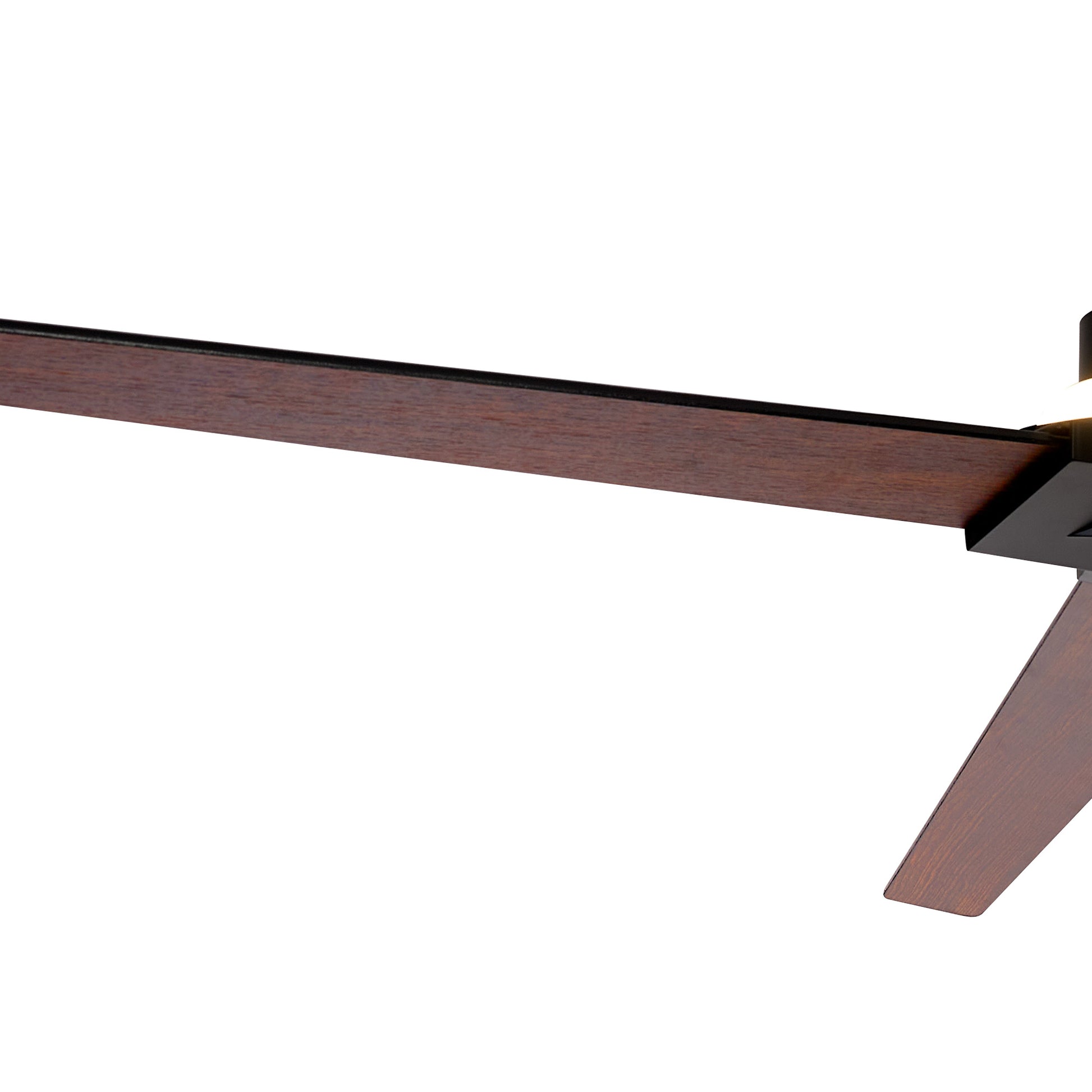 Close-up view of the intersecting wooden and black blades of the MANTRA M8723/MA Brisa Ceiling Fan with 20W dimmable LED light, by Ceiling Fans UK—175cm, reversible blades, remote & app control, IP44 rated, 5-year warranty.