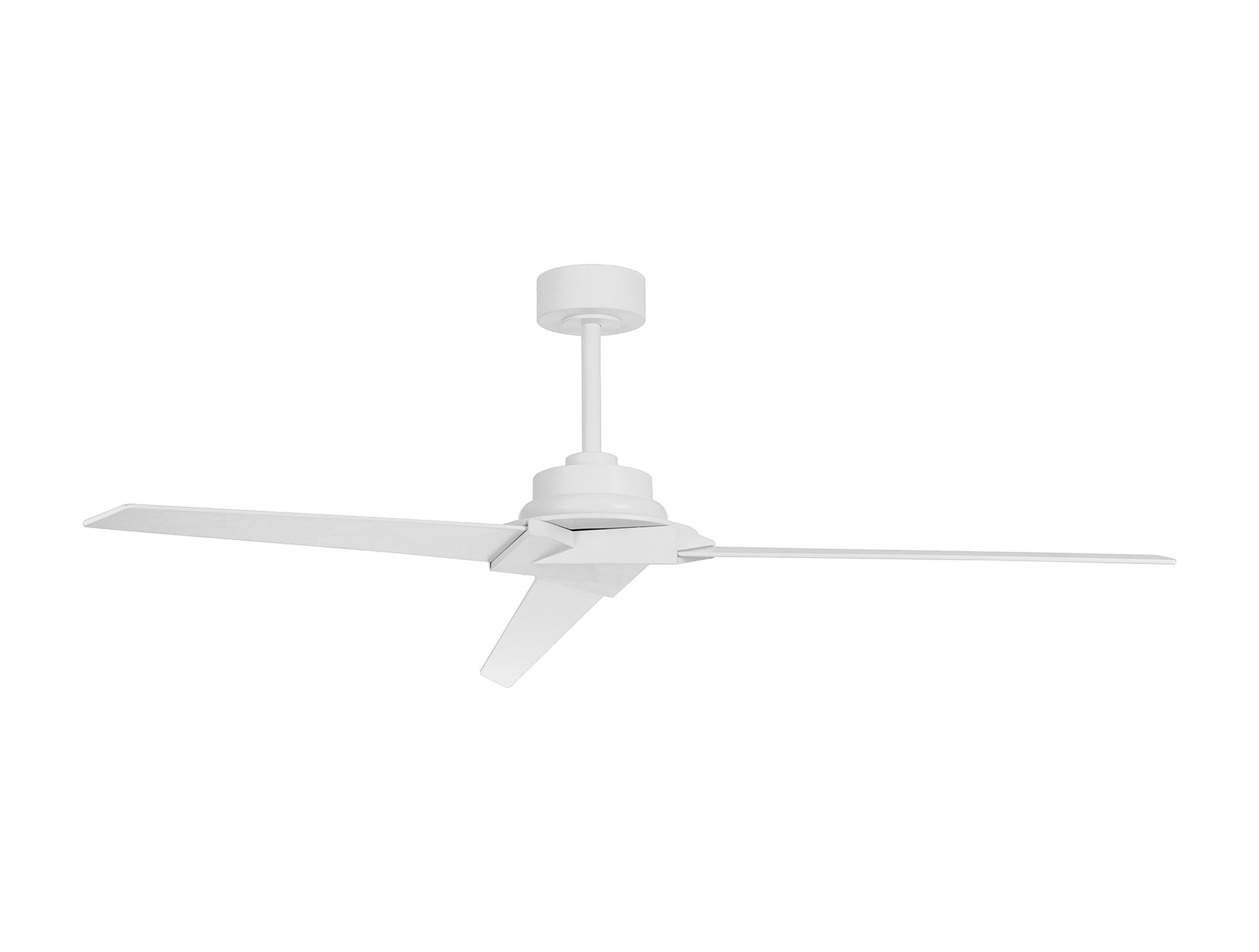 The Brisa White Ceiling Fan from Ceiling Fans UK, featuring an IP44 rating, showcases a sleek design with three flat blades and a cylindrical motor casing. It is mounted on a rod against a plain white background. This fan includes a 175cm dimmable 20W LED ceiling light, offers 40W DC reversible capabilities, and comes with both remote and app control options. Additionally, it promises reliability with a 5-year warranty.
