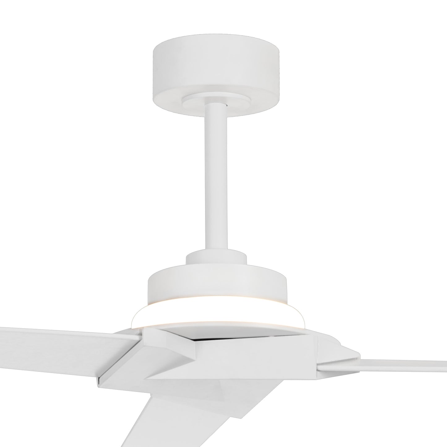 Close-up view of the Brisa White Ceiling Fan by Ceiling Fans UK, showcasing its modern design with three blades and an IP44 rating. The fan features a cylindrical motor housing, dimmable LED lighting ranging from 20W to 40W, and offers a minimalistic aesthetic.